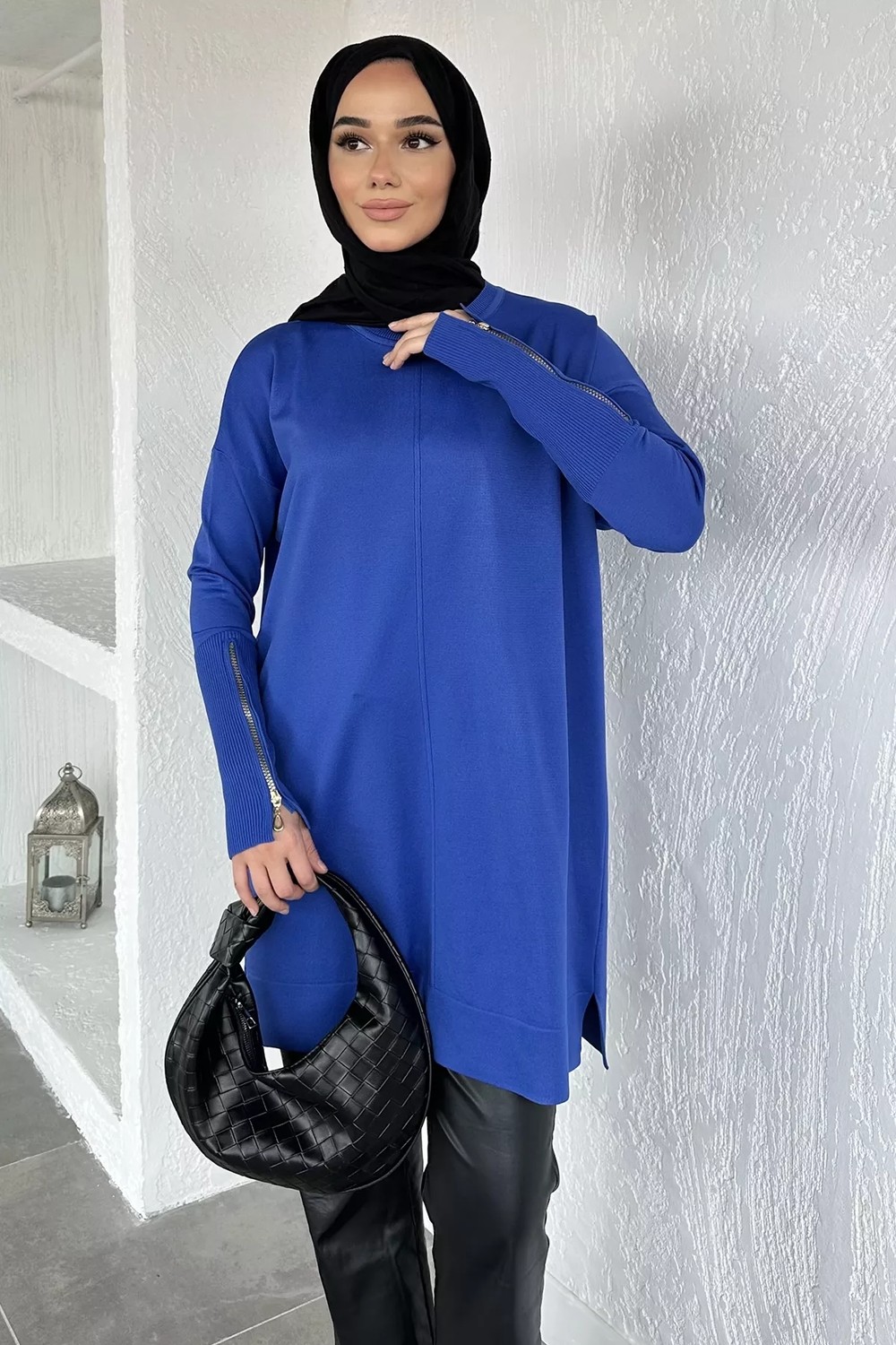 Julude Gülseli Kol Fermuar Detaylı Tesettür Triko Tunik P-00020679 görsel 6