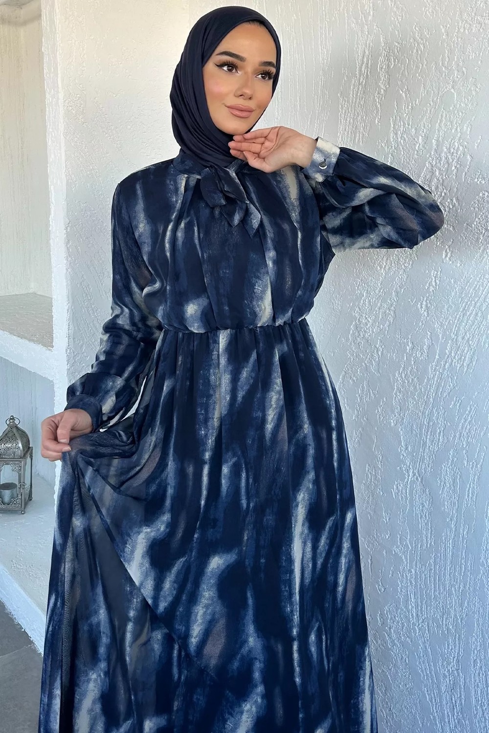 Julude Desenli Bel Lastikli Şifon Tesettür Elbise P-00020605 görsel 3