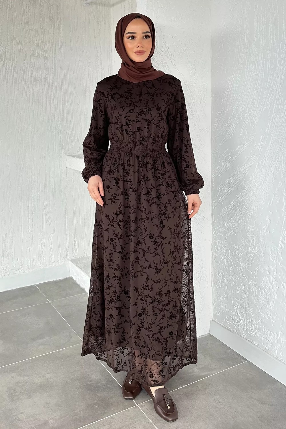 Julude Flok Baskılı Bel Lastikli Tesettür Elbise P-00020597
