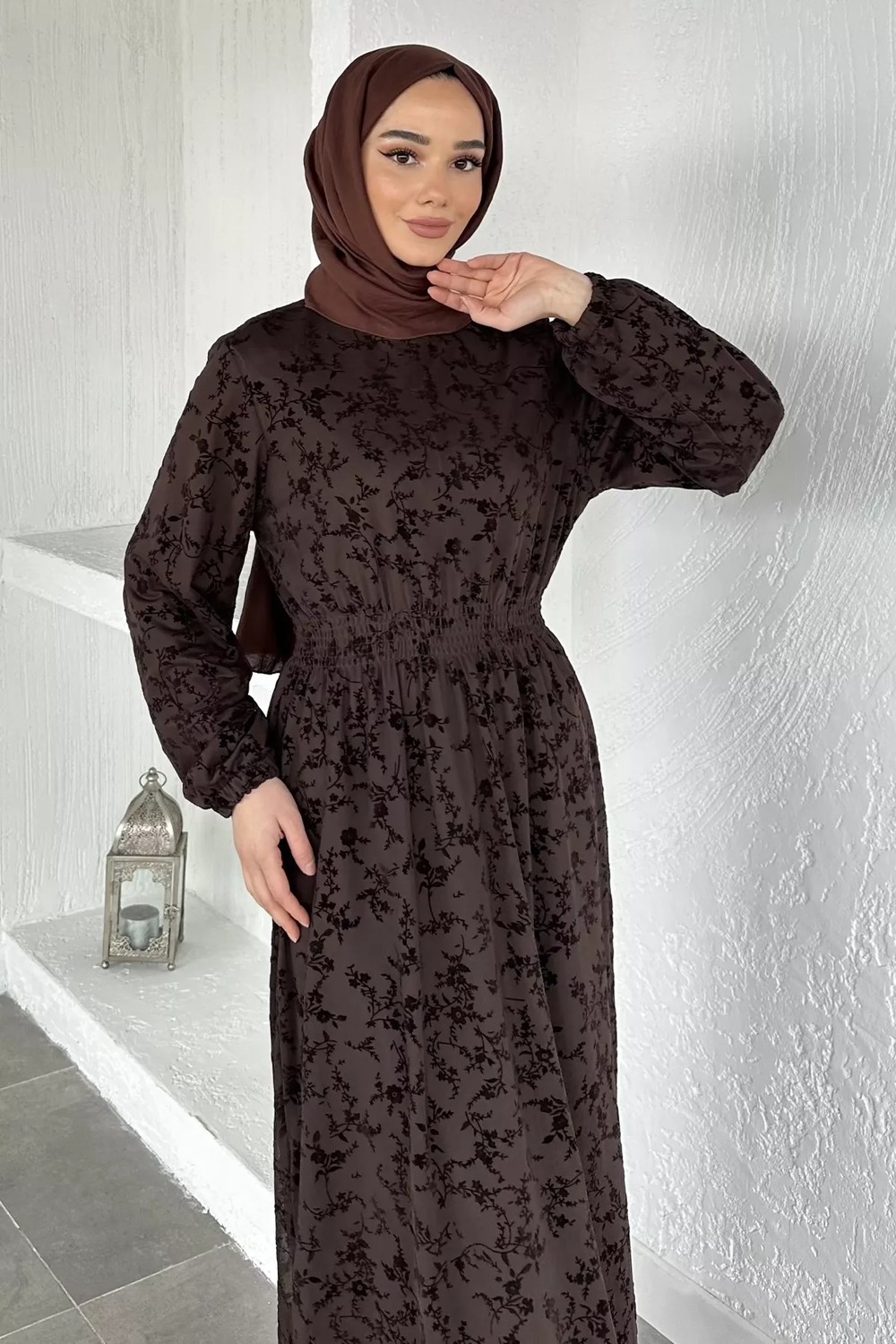 Julude Flok Baskılı Bel Lastikli Tesettür Elbise P-00020597 görsel 3