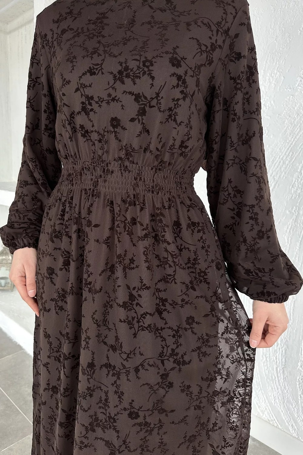 Julude Flok Baskılı Bel Lastikli Tesettür Elbise P-00020597 görsel 5