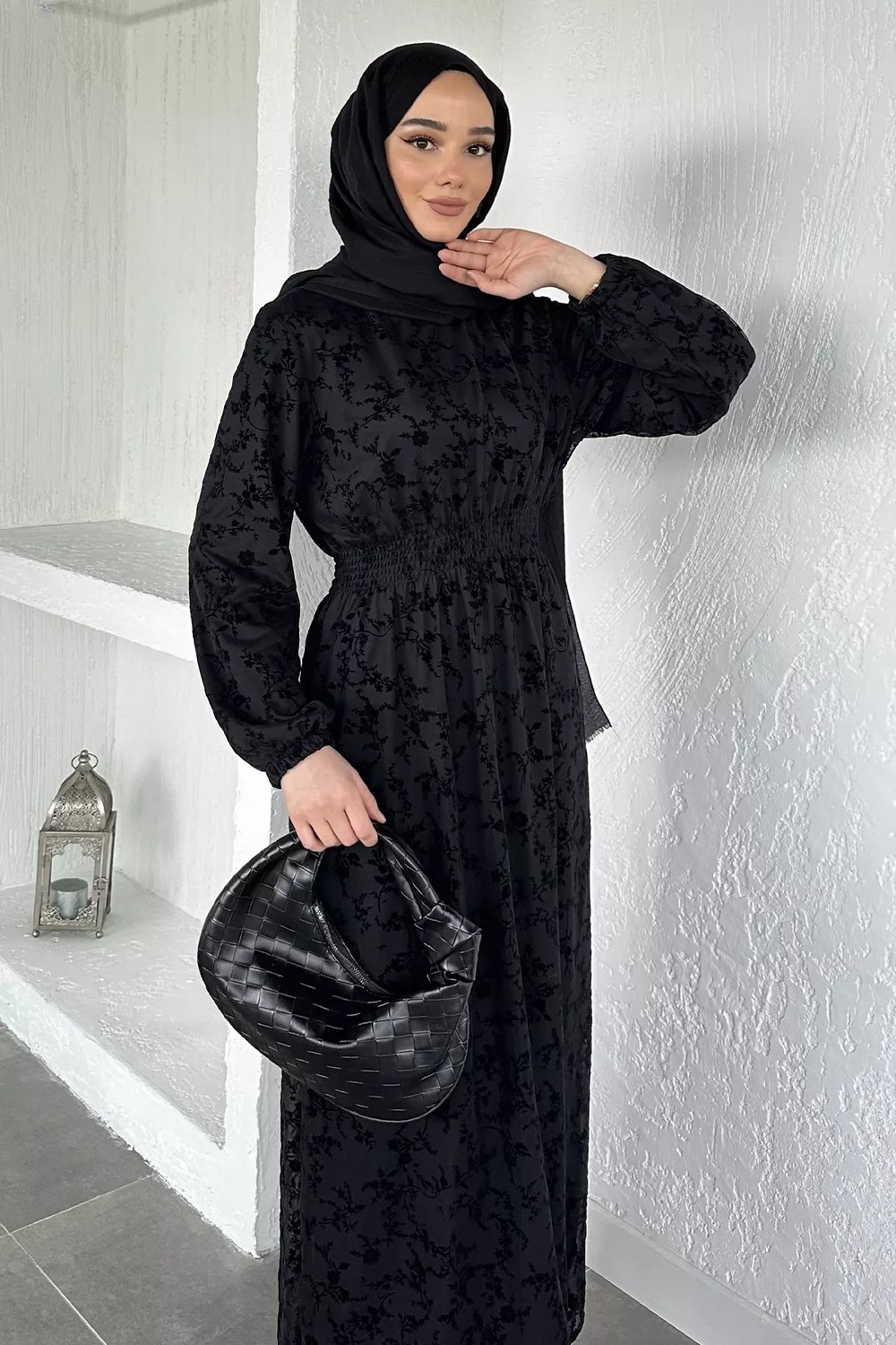 Julude Flok Baskılı Bel Lastikli Tesettür Elbise P-00020597 görsel 7