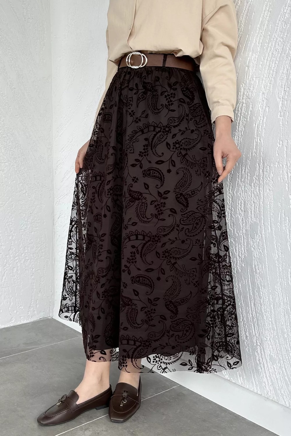 Julude Flok Baskılı Kemerli Tesettür Etek P-00020611 görsel 2