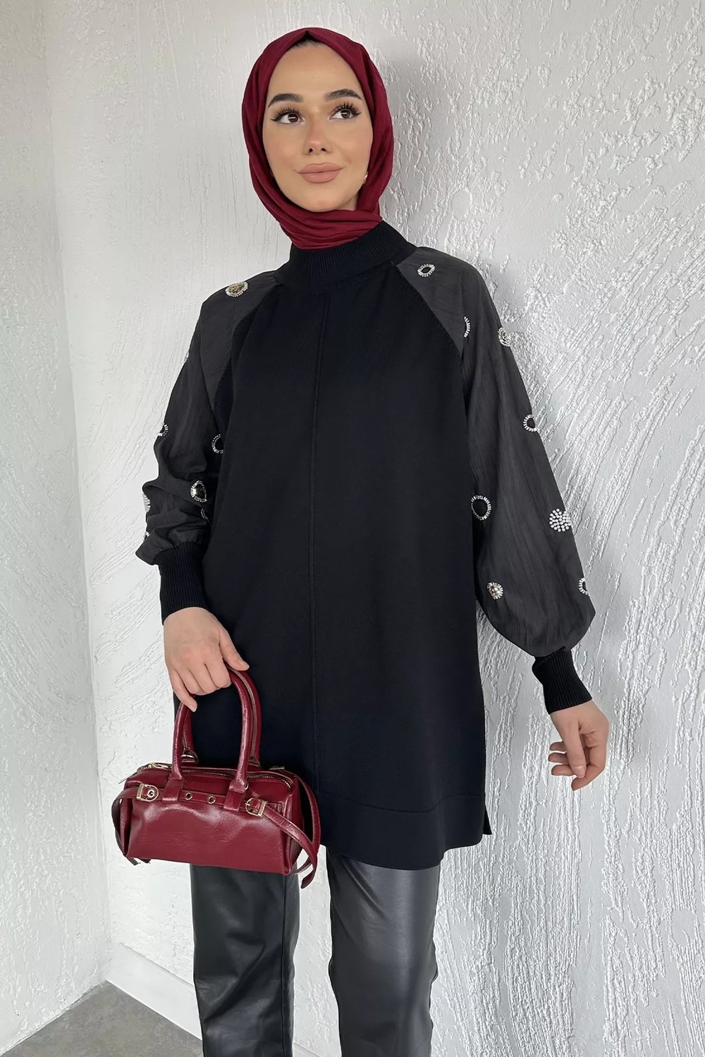 Julude Gülseli Kolları Taş Detaylı Tesettür Tunik P-00020421