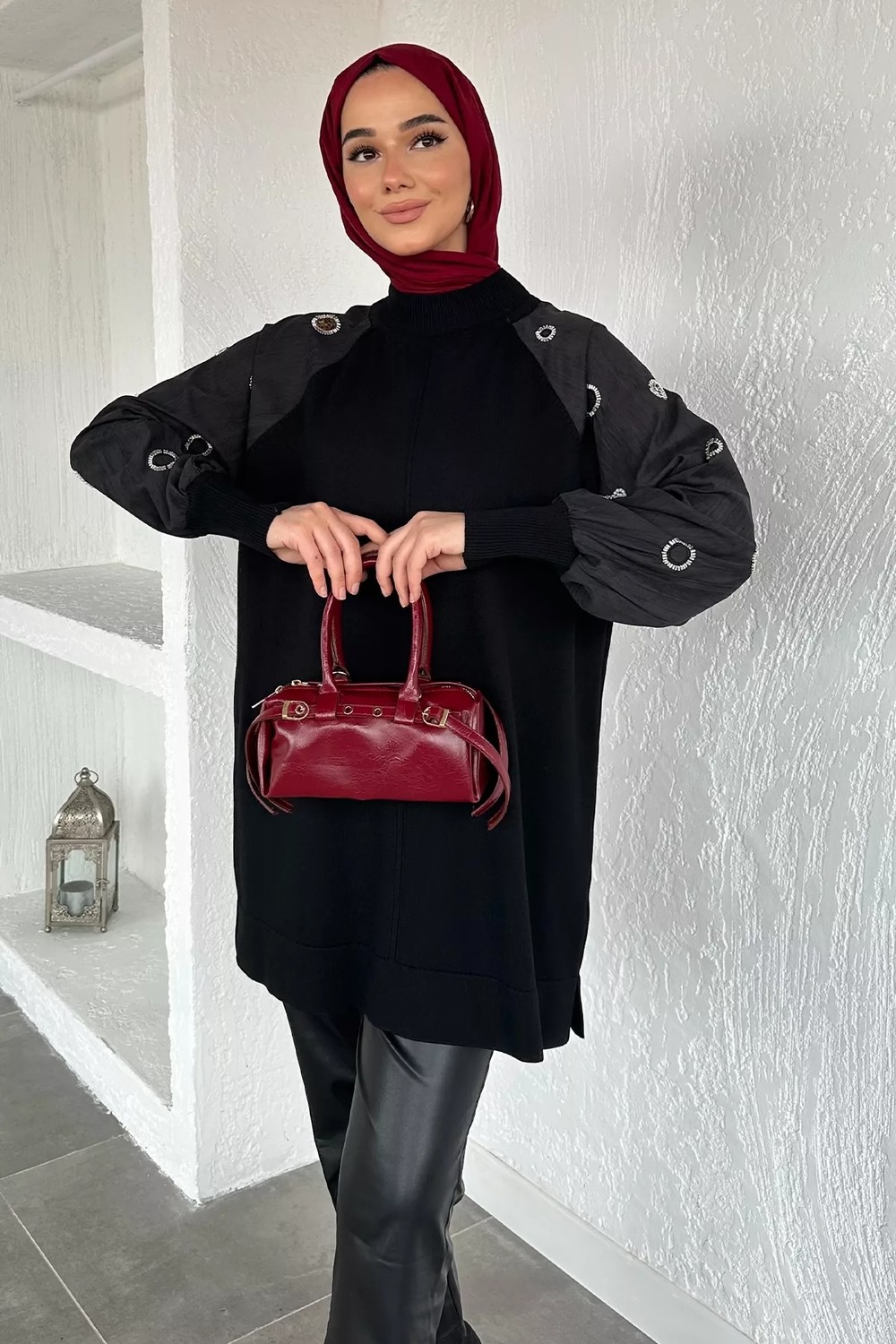 Julude Gülseli Kolları Taş Detaylı Tesettür Tunik P-00020421 görsel 2