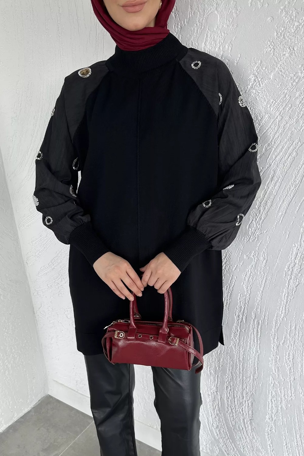 Julude Gülseli Kolları Taş Detaylı Tesettür Tunik P-00020421 görsel 3