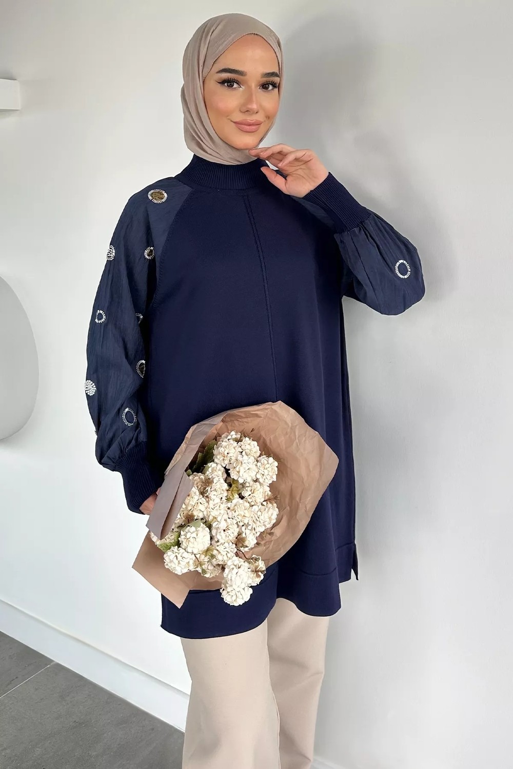 Julude Gülseli Kolları Taş Detaylı Tesettür Tunik P-00020421 görsel 7