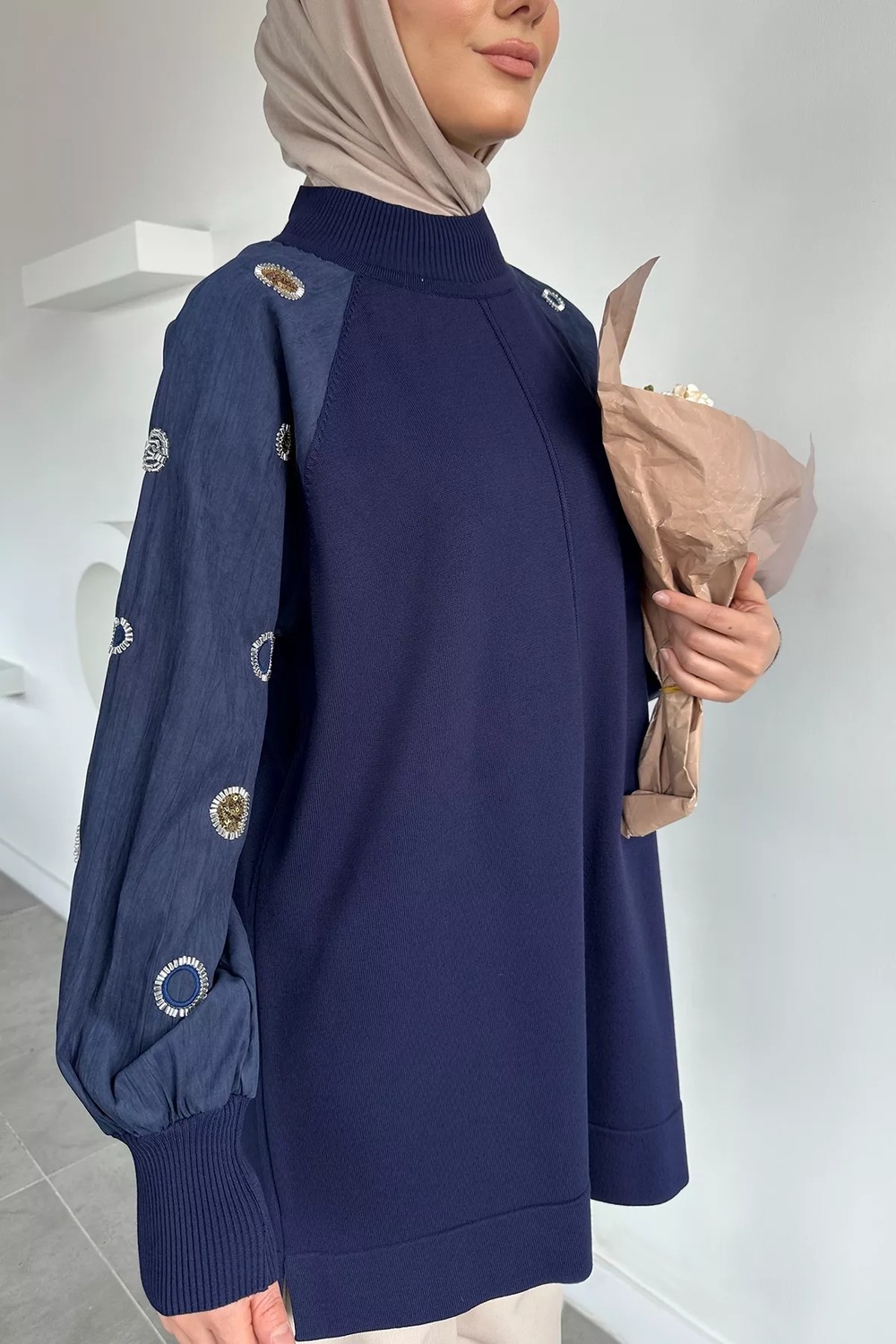 Julude Gülseli Kolları Taş Detaylı Tesettür Tunik P-00020421 görsel 8