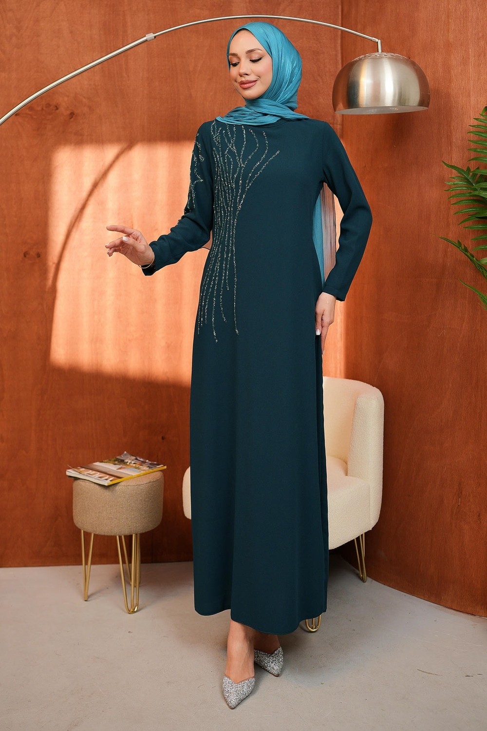 İmaj Butik Bej Bisiklet Yaka Taş Işlemeli Abiye