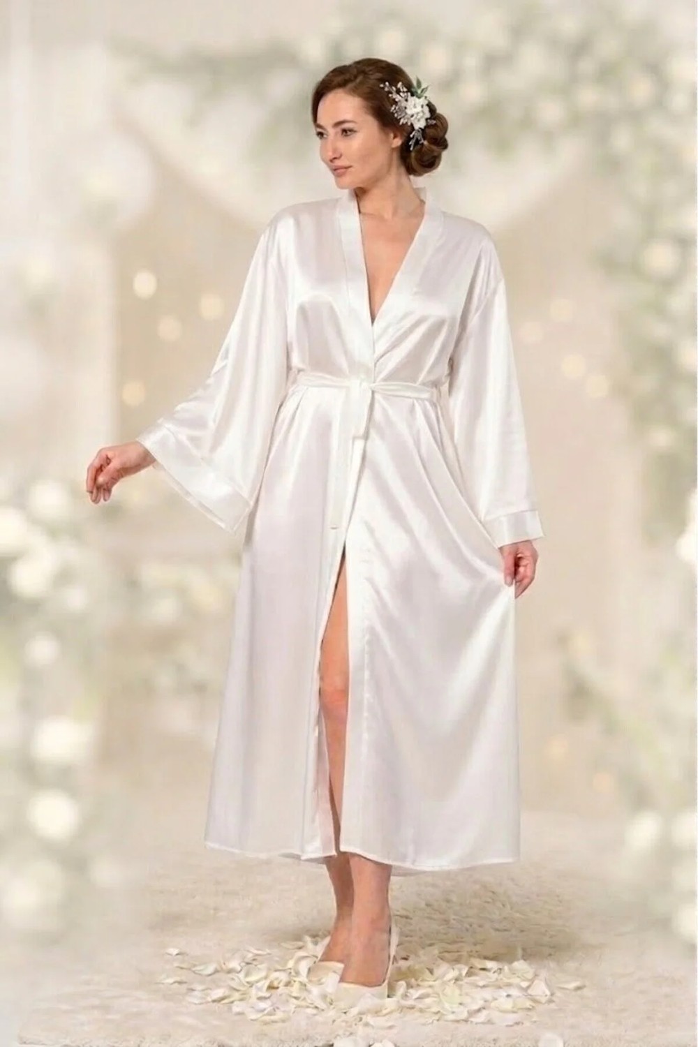 Nuitamore Beyaz Bride Saten Uzun Sabahlık.
