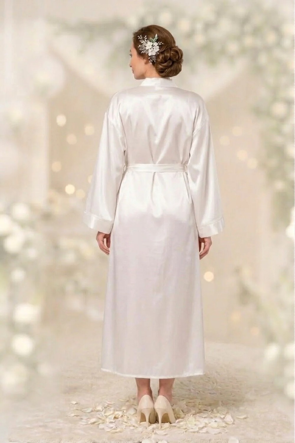 Nuitamore Beyaz Bride Saten Uzun Sabahlık. görsel 2