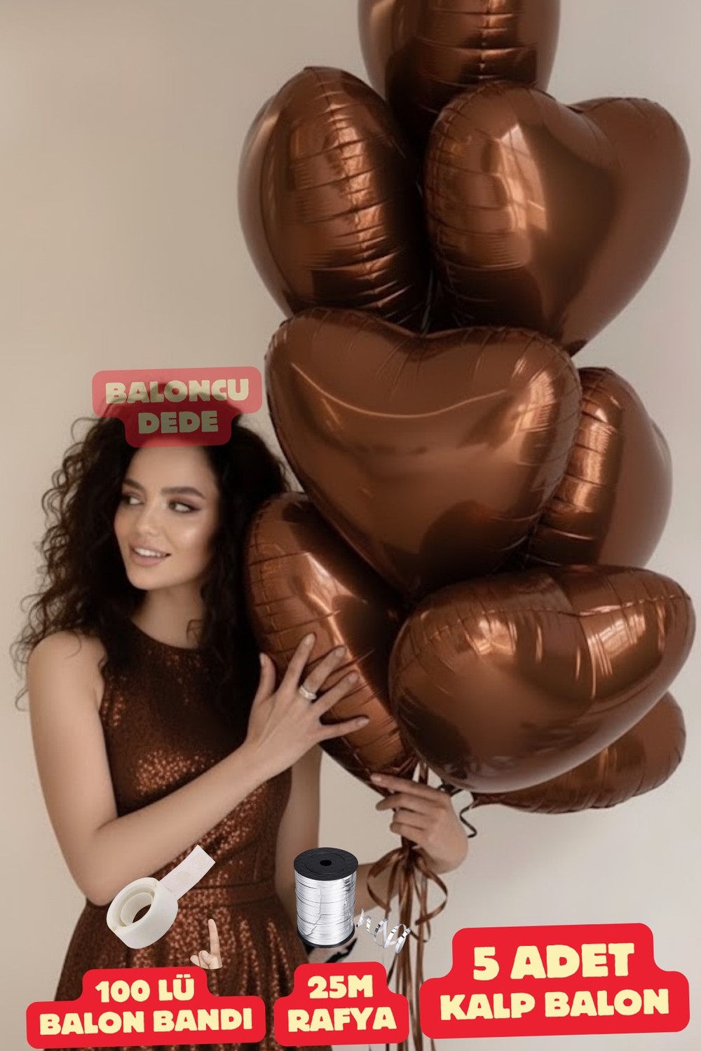 Feyza Design Kahverengi Kalpli Folyo Balon 5 Adet - Sevgili ve Özel Günler Için