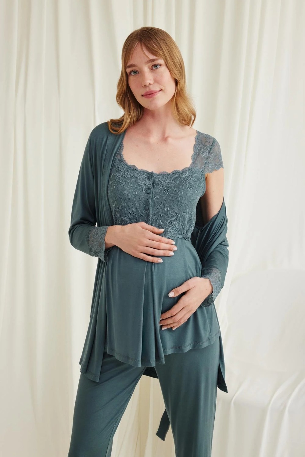 Çamaşır Kenti Dantelli Önü Düğmeli Hamile Lohusa 3'lü Viskon Pijama Takımı görsel 4