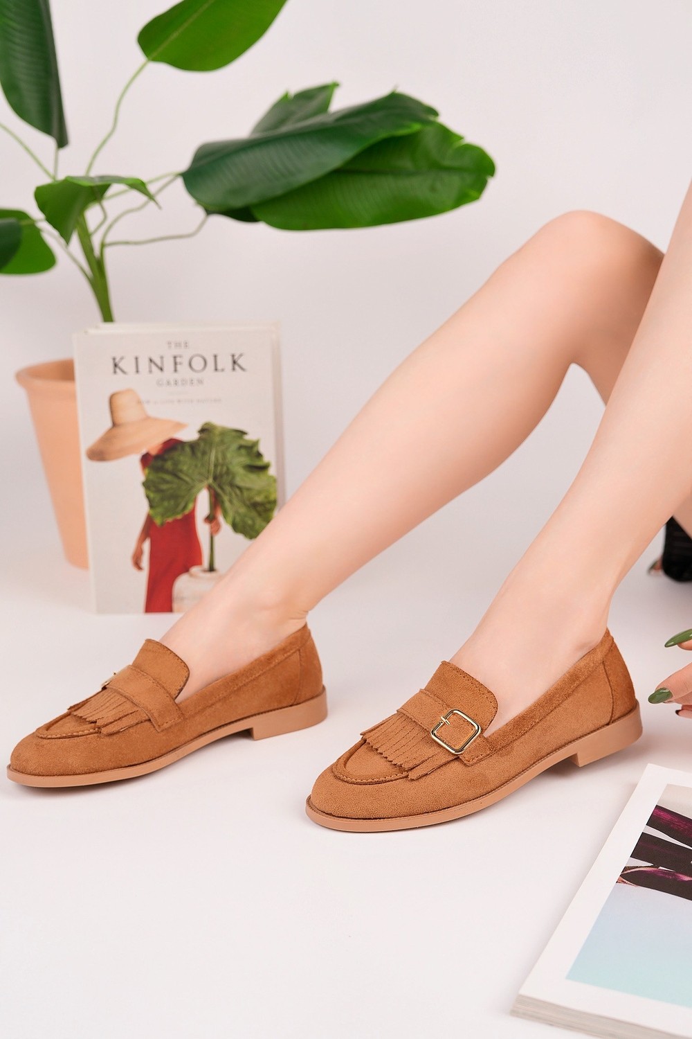 Muggo Tuft Gold Tokalı Püsküllü Süet Kadın Günlük Loafer Ayakkabı görsel 5