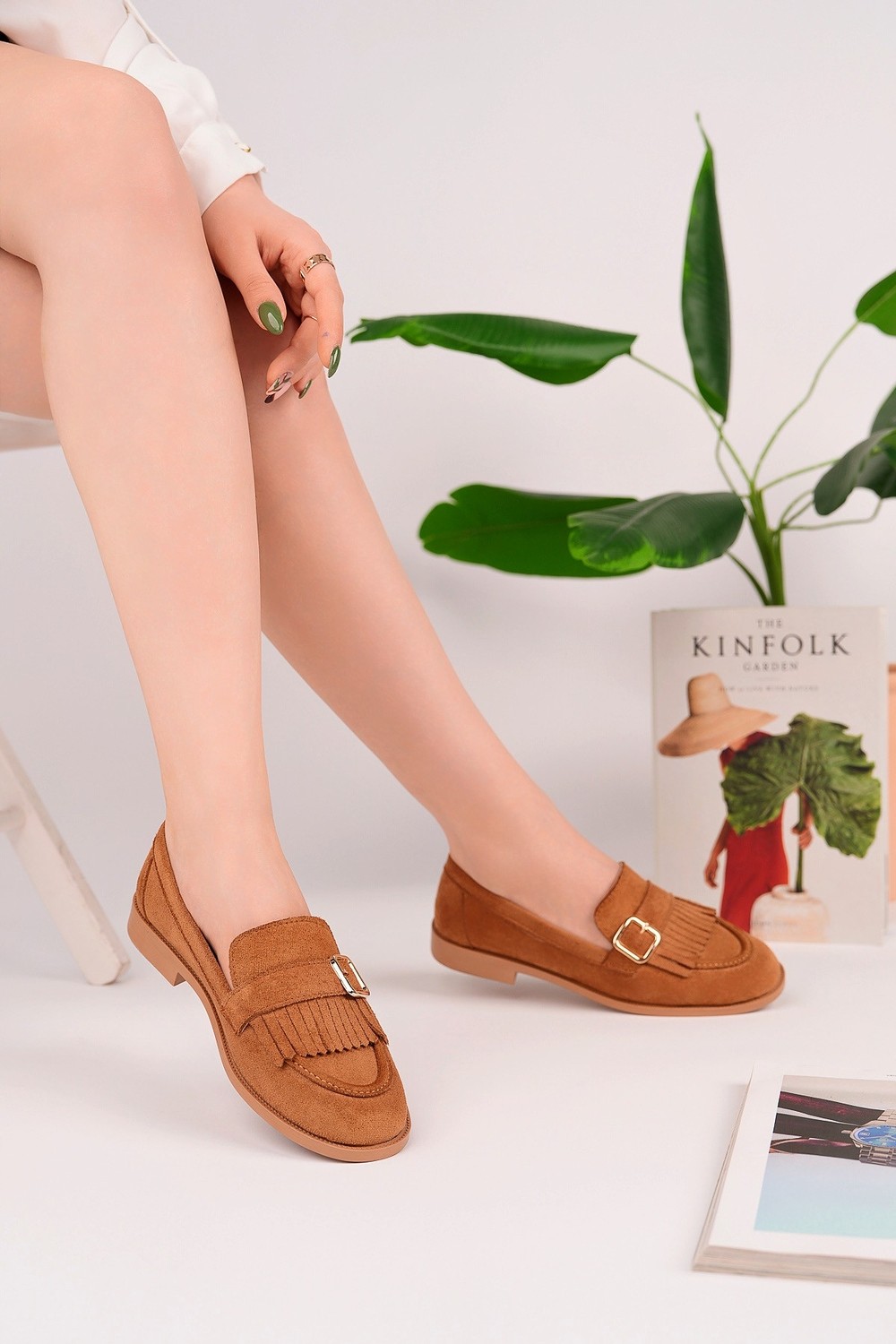 Muggo Tuft Gold Tokalı Püsküllü Süet Kadın Günlük Loafer Ayakkabı görsel 6