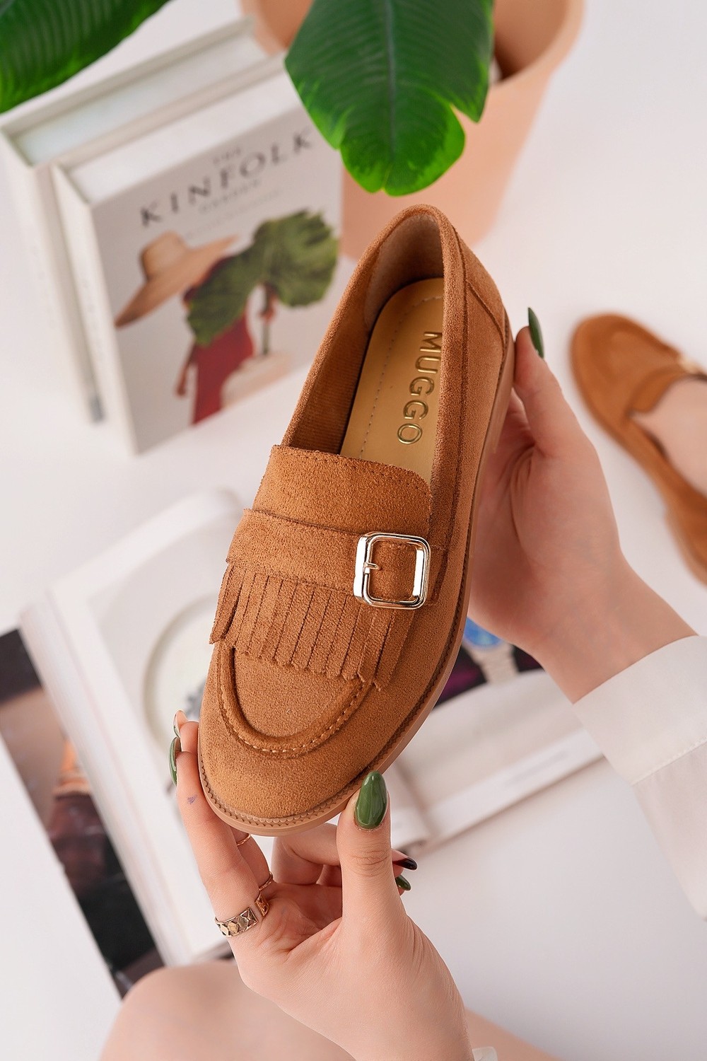 Muggo Tuft Gold Tokalı Püsküllü Süet Kadın Günlük Loafer Ayakkabı görsel 7