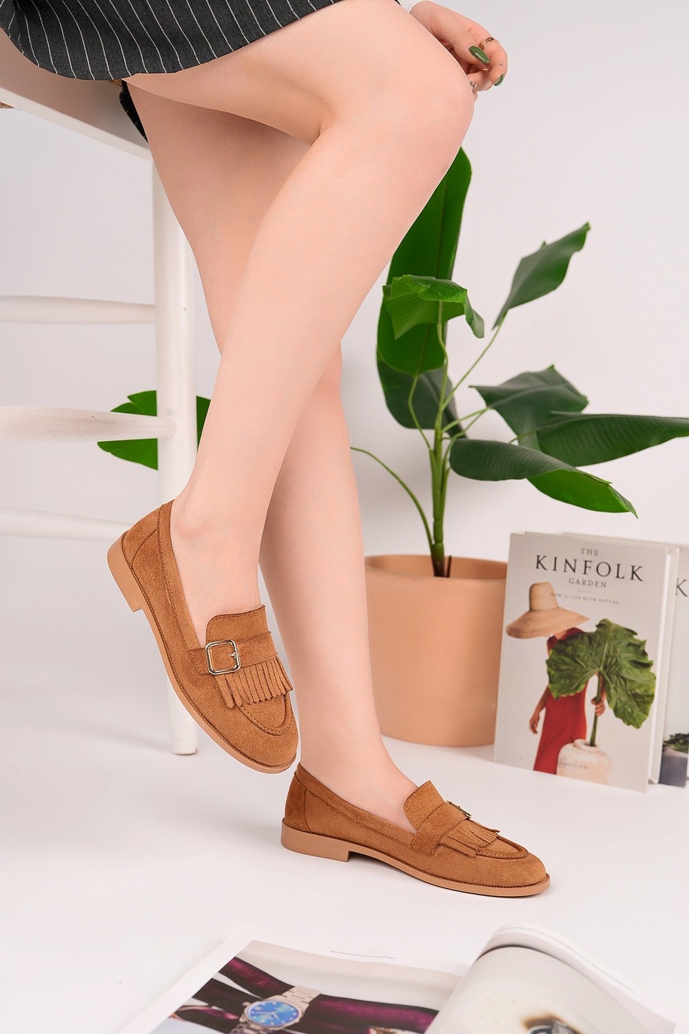 Muggo Tuft Gold Tokalı Püsküllü Süet Kadın Günlük Loafer Ayakkabı görsel 8