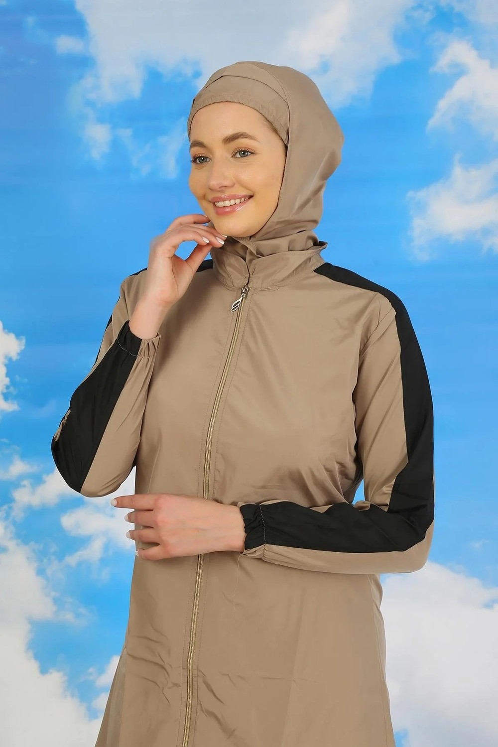 Hobilinka Kadın Pantolonlu Kolu Şeritli Tam Tesettür Mayo Bej görsel 4