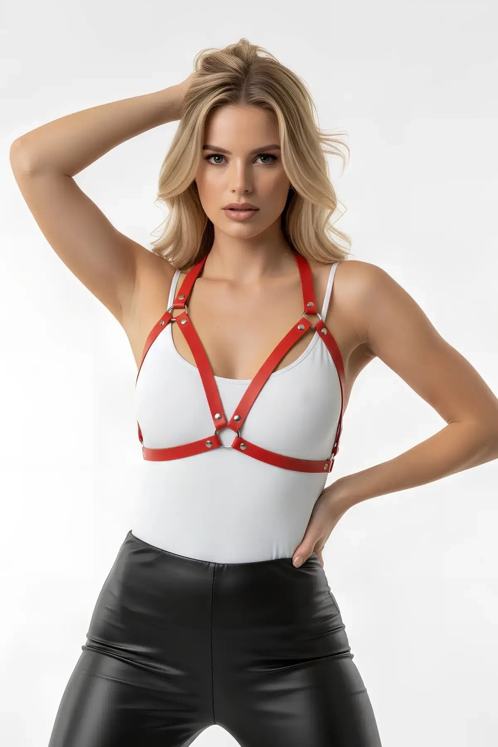 Beruflic Kırmızı Göğüs Harness Suni Deri Zımba Detaylı - BRF25 görsel 4