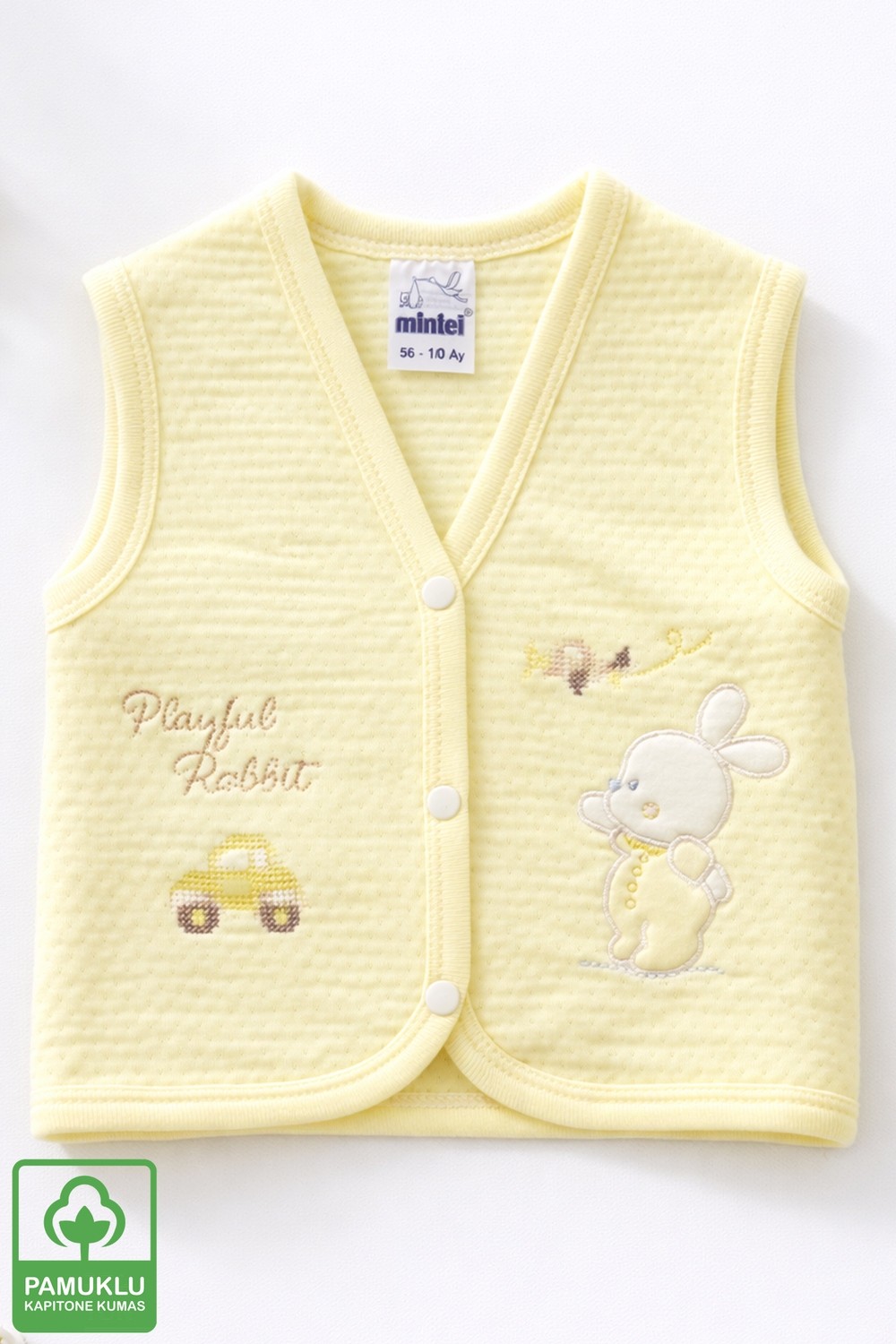 Miniel Erkek Bebek Kanaviçe Tavşan Nakışlı Organik Pamuklu 3-6-9 Ay Kapitone Bebek Yelek
