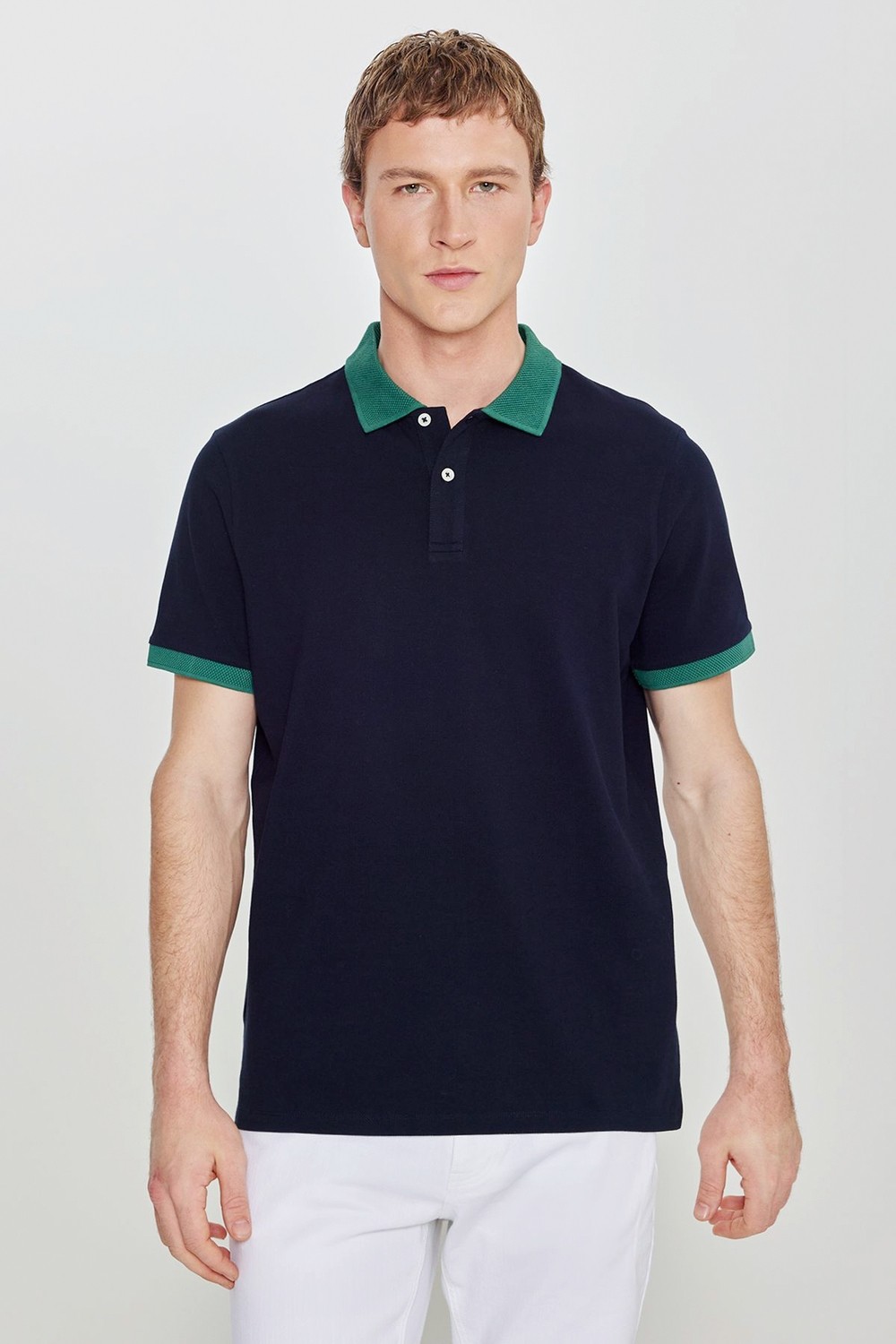 Altınyıldız Classics Erkek Yeşil-Lacivert %100 Pamuk Slim Fit Dar Kesim Polo Yaka Tişört