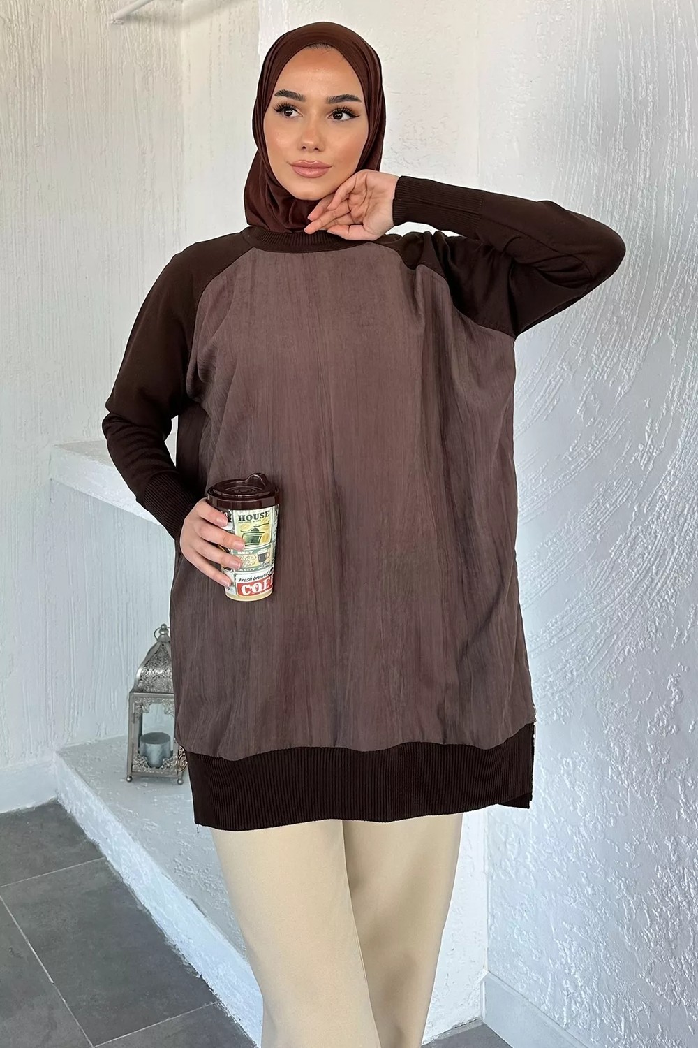 Julude Gülseli Yan Fermuar Detaylı Bisiklet Yaka Tesettür Tunik P-00020916