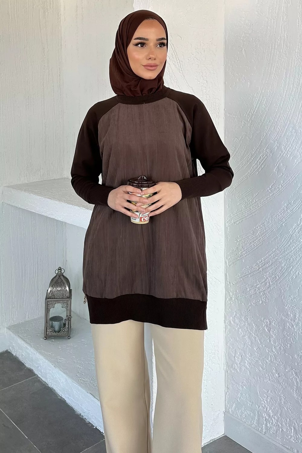 Julude Gülseli Yan Fermuar Detaylı Bisiklet Yaka Tesettür Tunik P-00020916 görsel 3