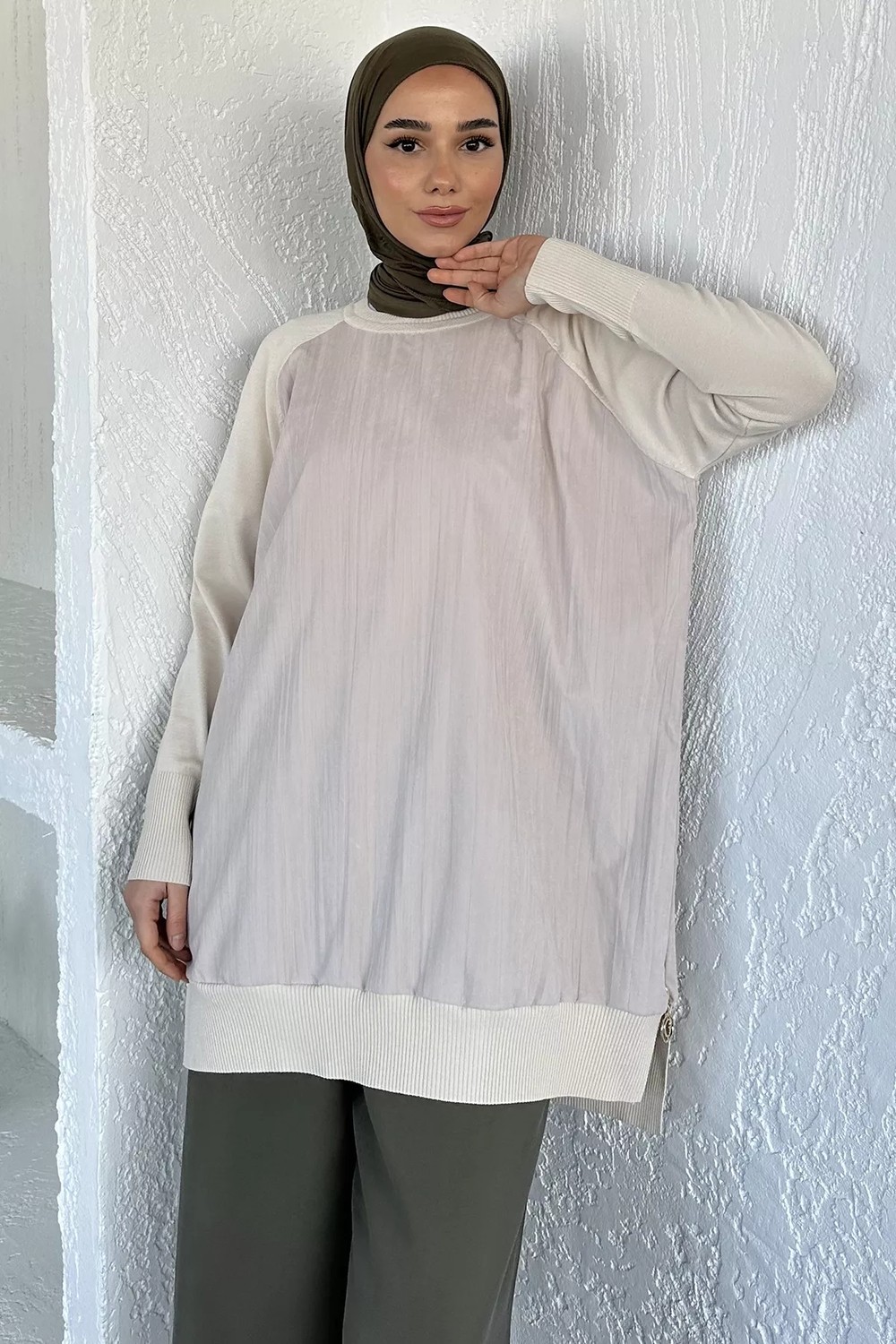 Julude Gülseli Yan Fermuar Detaylı Bisiklet Yaka Tesettür Tunik P-00020916 görsel 5
