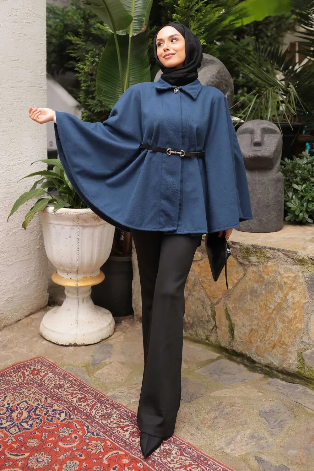 İmaj Butik Kadın Yeşil Kemerli Kaşe Panço Denim Kumaş ile Modern Stil Sunuyor görsel 4