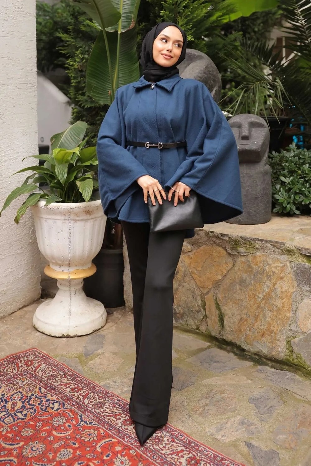 İmaj Butik Kadın Yeşil Kemerli Kaşe Panço Denim Kumaş ile Modern Stil Sunuyor görsel 5