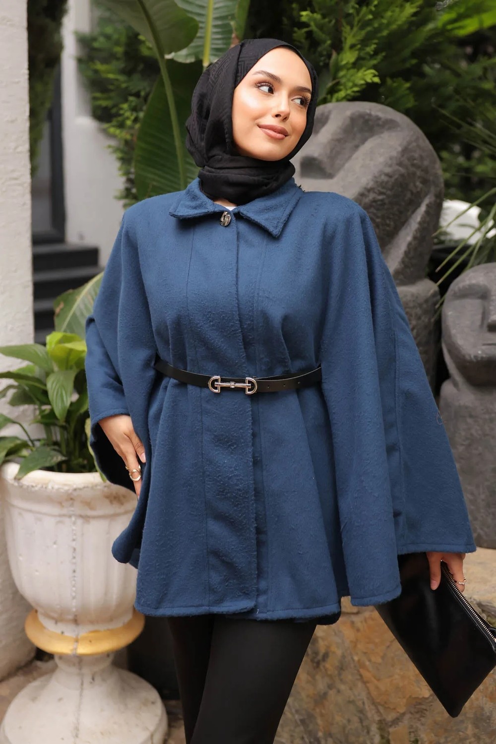 İmaj Butik Kadın Yeşil Kemerli Kaşe Panço Denim Kumaş ile Modern Stil Sunuyor görsel 6