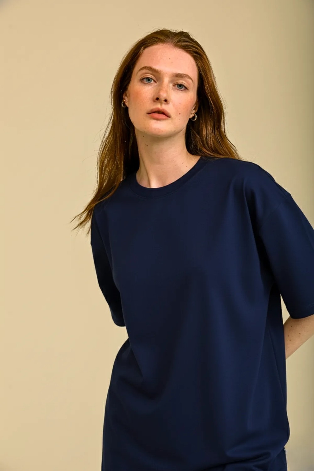 Guaraz Kadın Lacivert Oversize Bisiklet Yaka %100 Organik Pamuk Düz Basic Yazlık T-Shirt