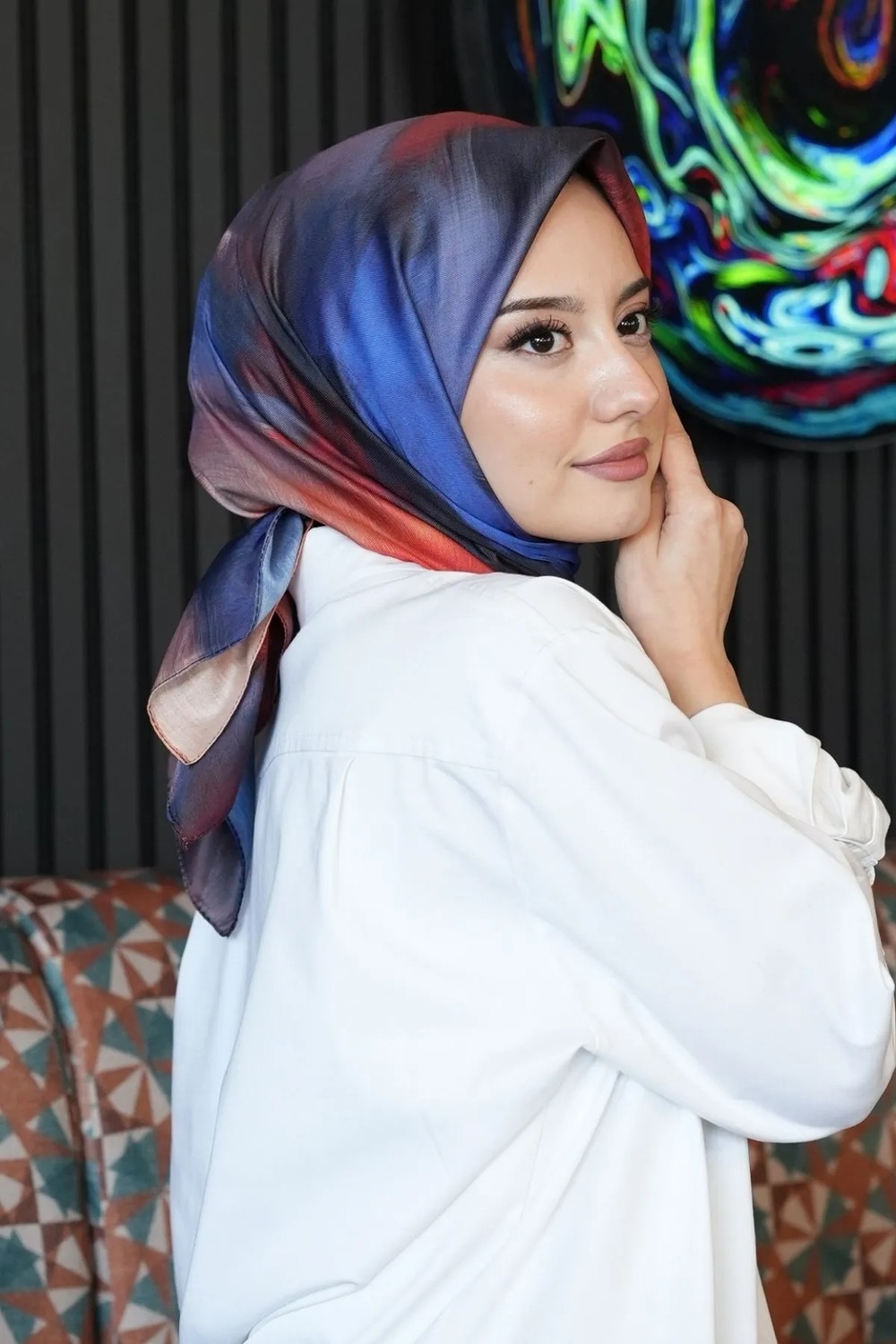 Afvente Geometrik Desen Mavi Soft Pamuk Eşarp