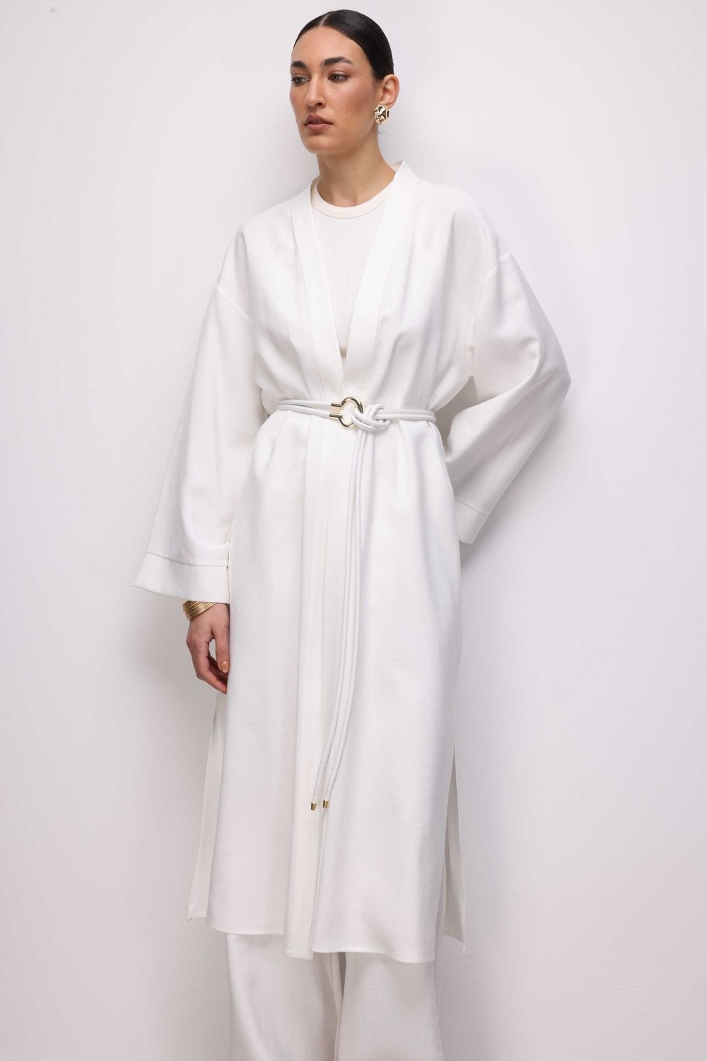 Mizalle Viskoz Kemerli Bej Rengi Kimono görsel 5
