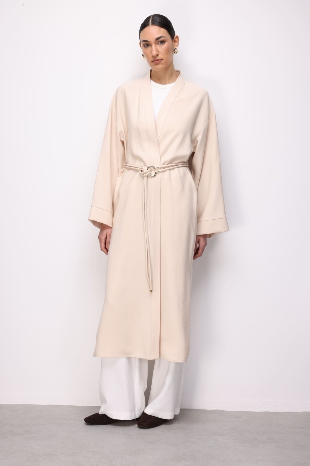 Mizalle Viskoz Kemerli Bej Rengi Kimono görsel 6