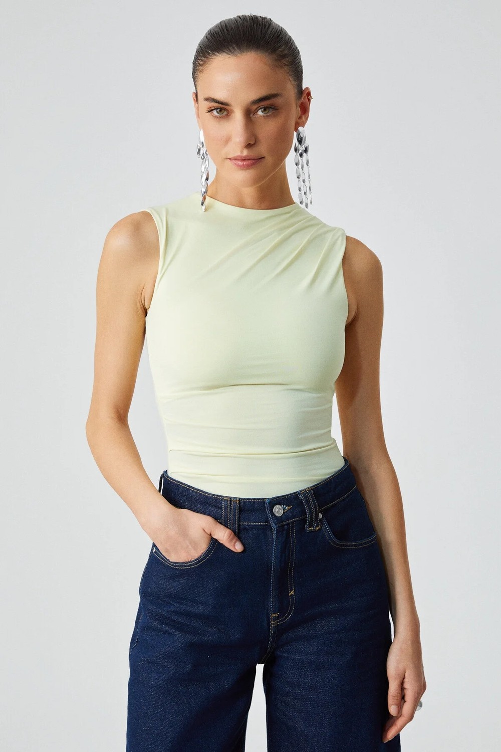 Ethiquet CANISA Kadın Slim Fit Sıfır Kol Yuvarlak Yaka Düz Renk Sarı Atlet