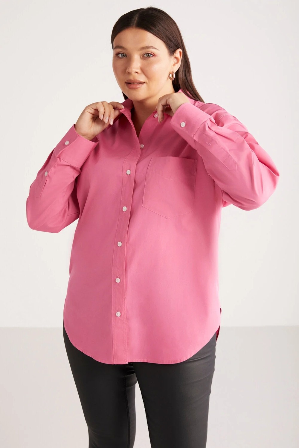 Ethiquet Susan Kadın Büyük Beden Poplin Manşetli Oversize Pembe Büyük Beden Gömlek