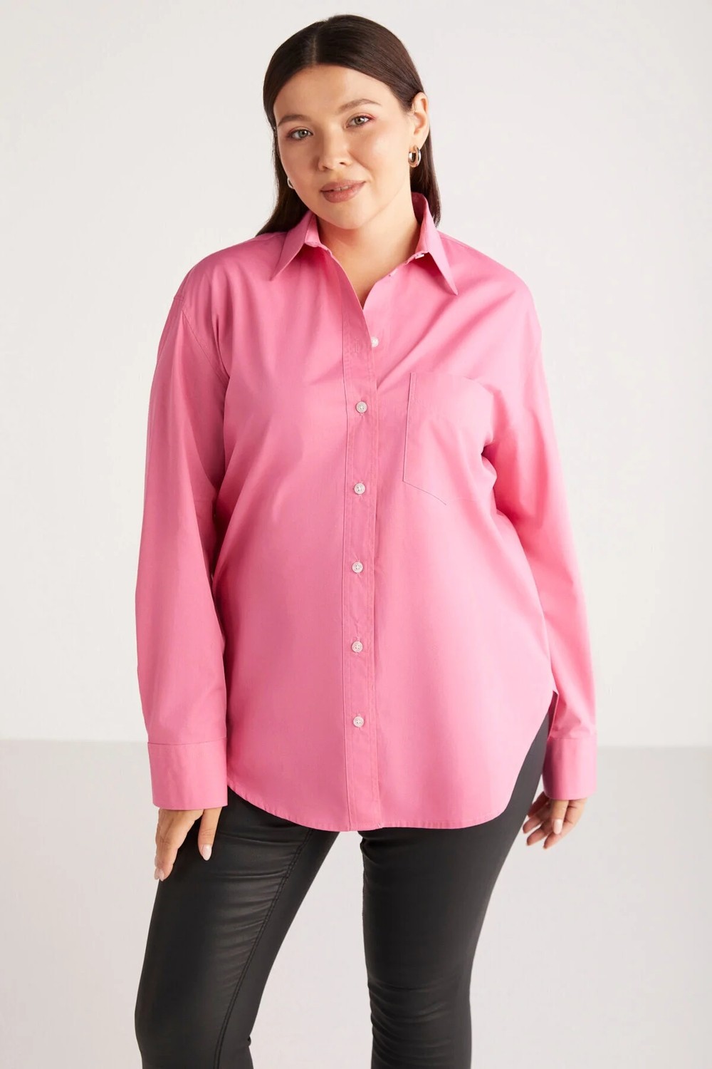 Ethiquet Susan Kadın Büyük Beden Poplin Manşetli Oversize Pembe Büyük Beden Gömlek görsel 3