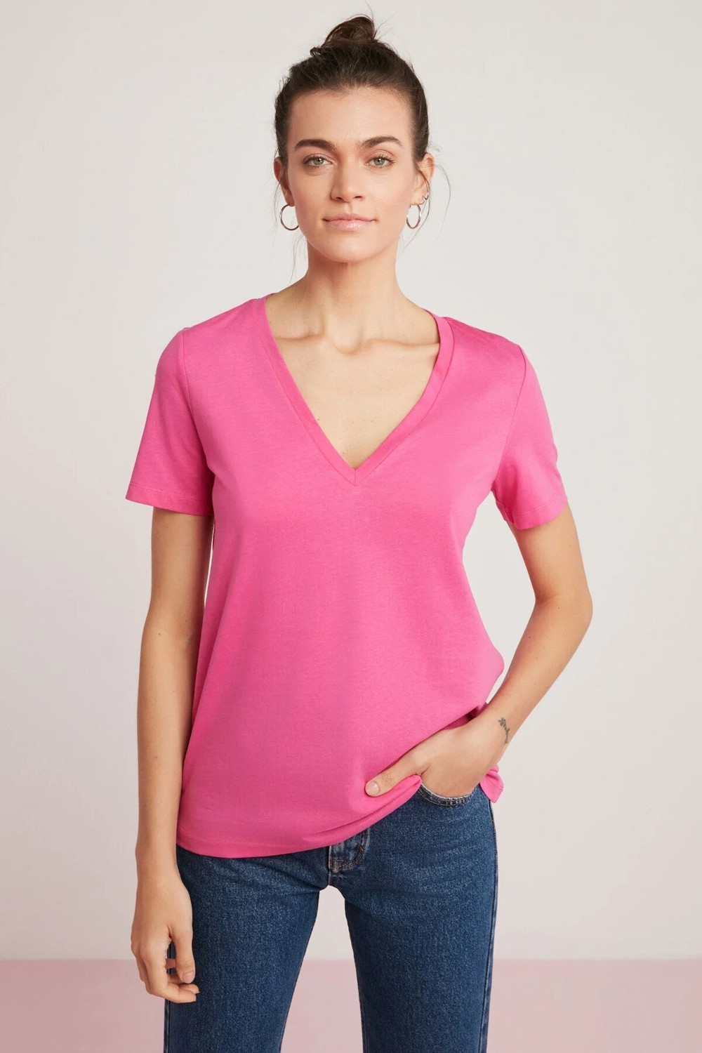 Ethiquet Mabel Kadın 100% Pamuk V Yaka Yarım Kollu Örme Regular Fit Basıc Yeşil T-shirt görsel 7