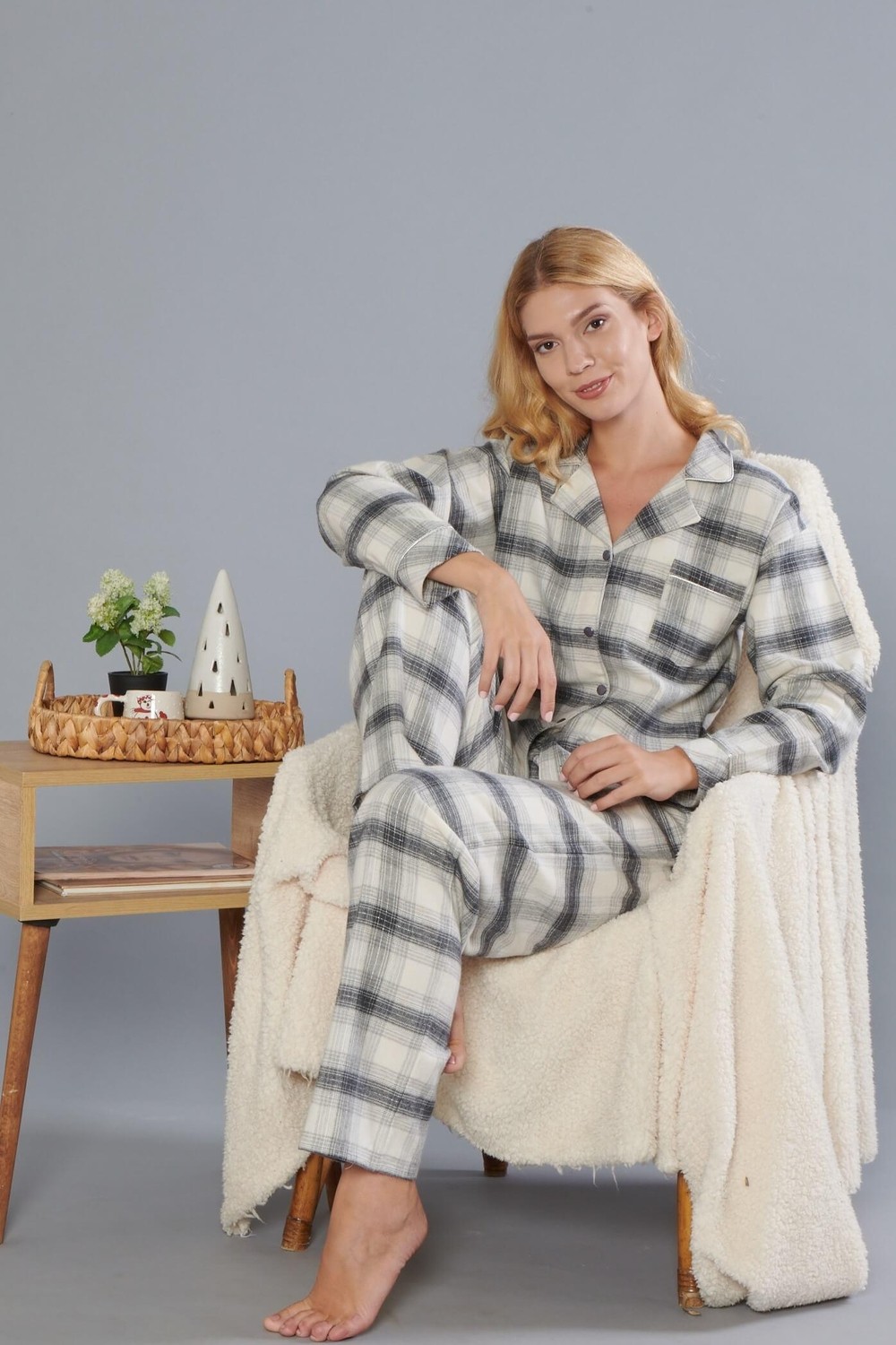 Dowry Boydan Düğmeli Ekoseli Kalın Dokuma Kumaş Uzun Kollu Gömlek Ev Giyim Pijama Takım Dowry 09-264 görsel 2