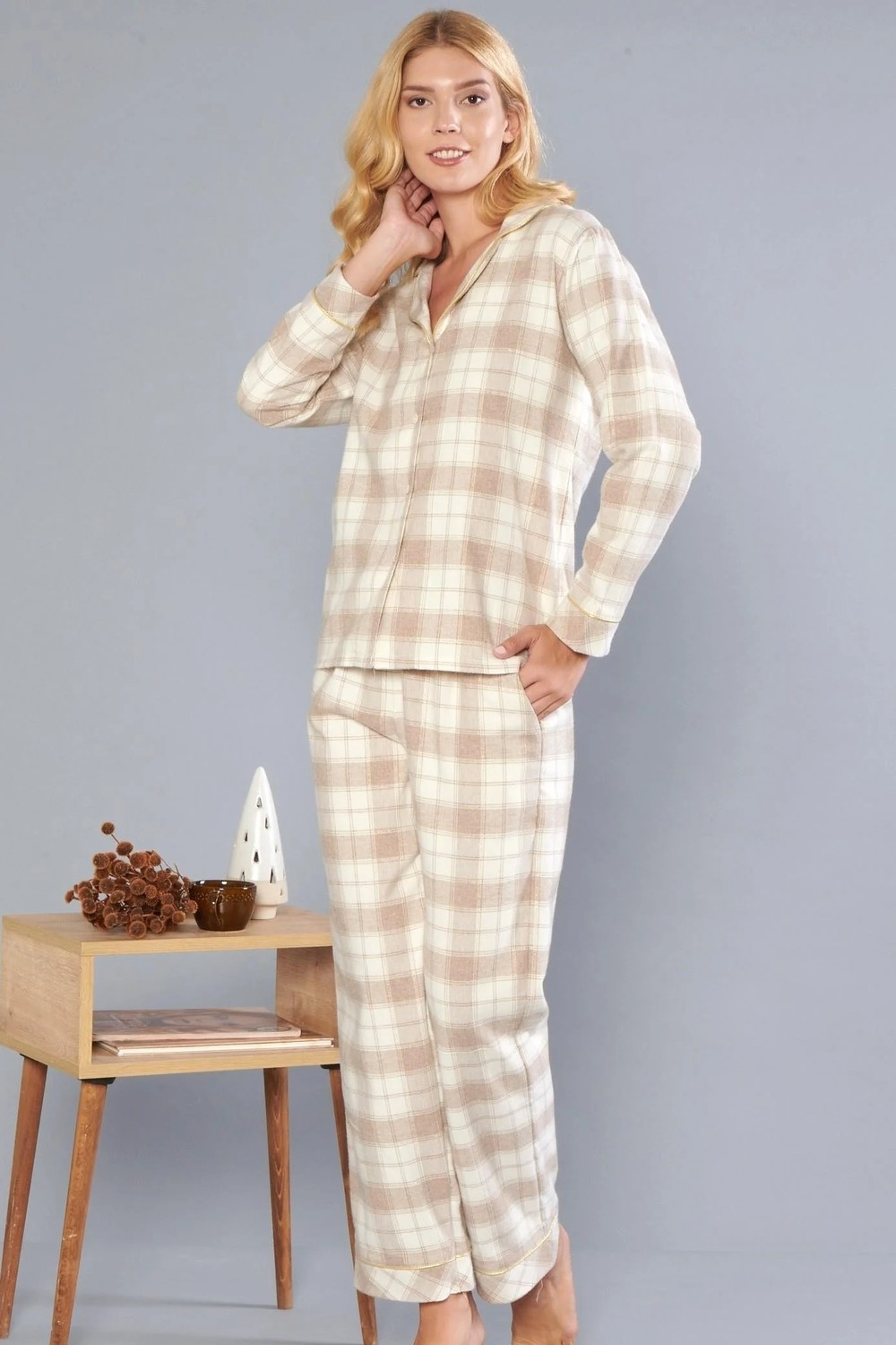 Dowry Boydan Düğmeli Ekoseli Kalın Dokuma Kumaş Uzun Kollu Gömlek Ev Giyim Pijama Takım Dowry 09-263 görsel 8