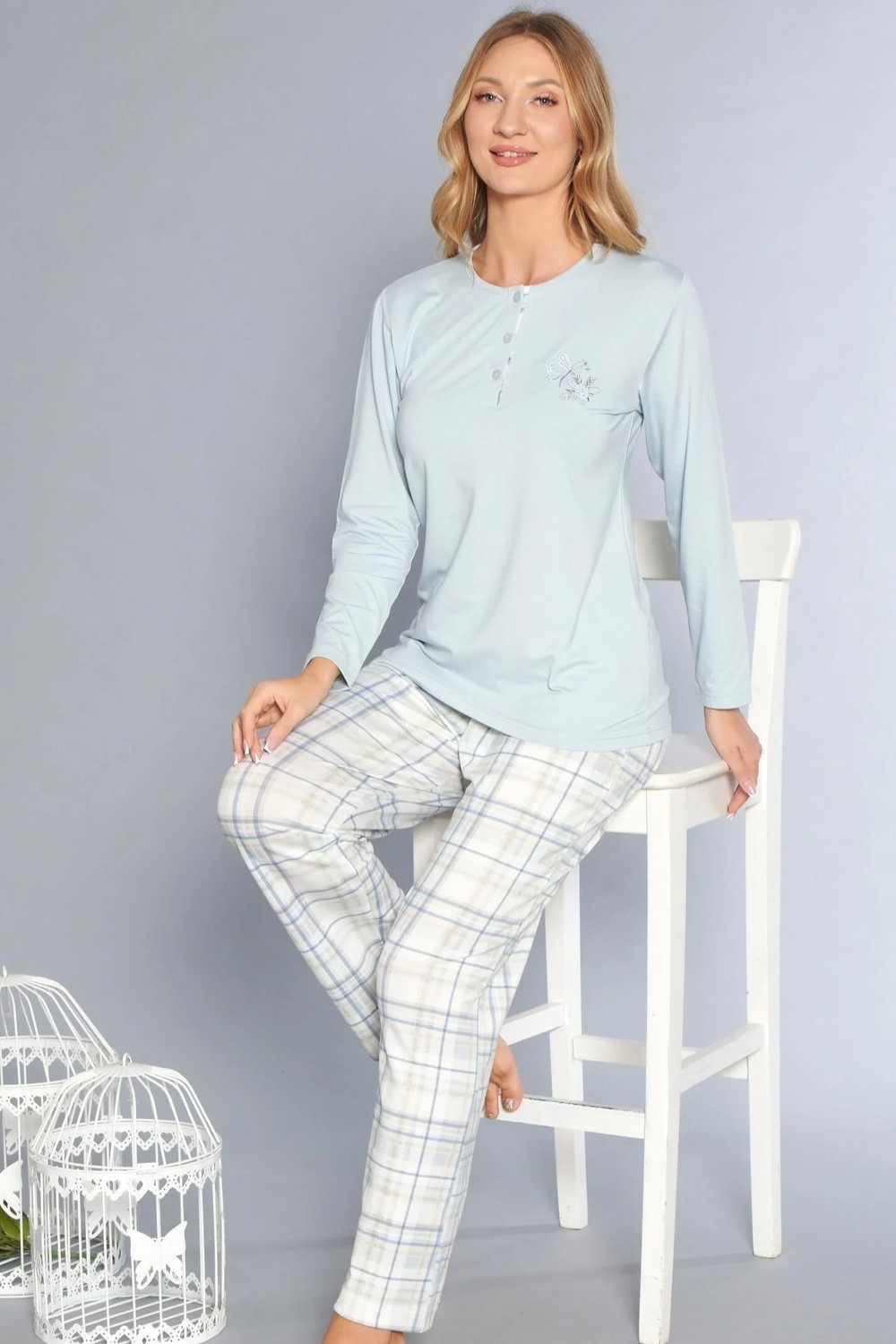 Flz Kadın Uzun Kollu Pijama Takımı, Şık, Zarif ve Modern Tasarım, Rahat ve Kaliteli Kumaş Flz 89-130 89-131 görsel 4