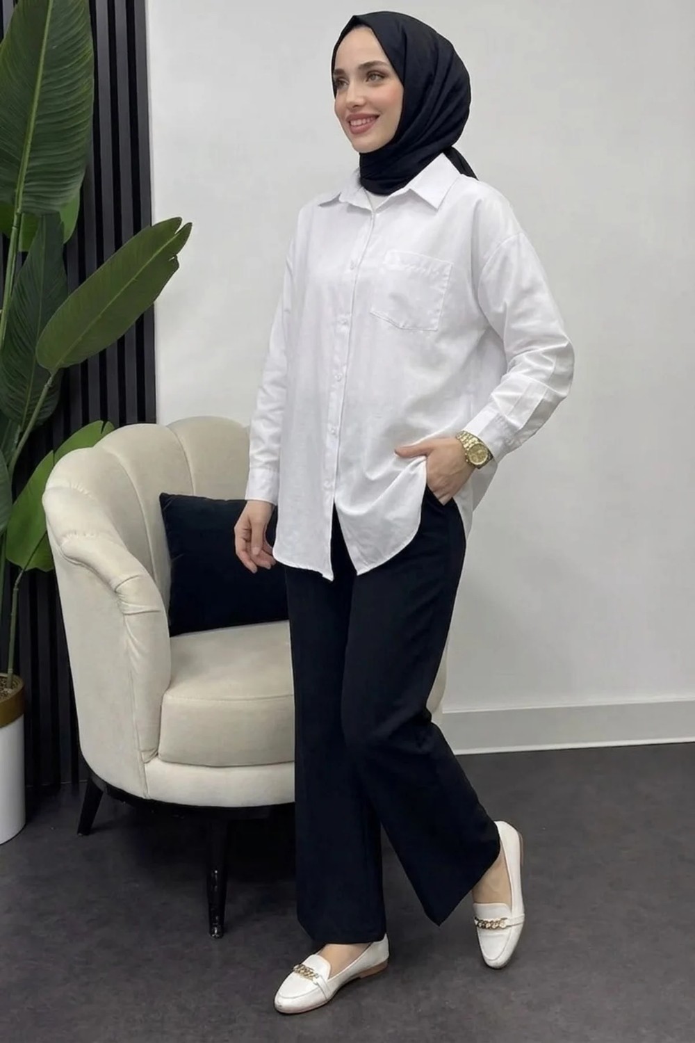 Tesettür Diyarı Kadın Oversize Cepli Gömlek-Beyaz görsel 2