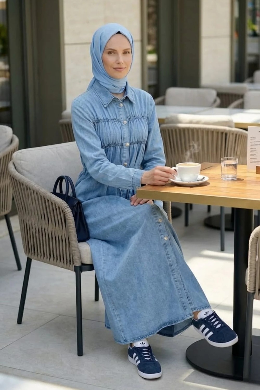 Kadın Beli Bağcıklı Boydan Düğmeli Açık Mavi Kot Tesettür Elbise görsel 5