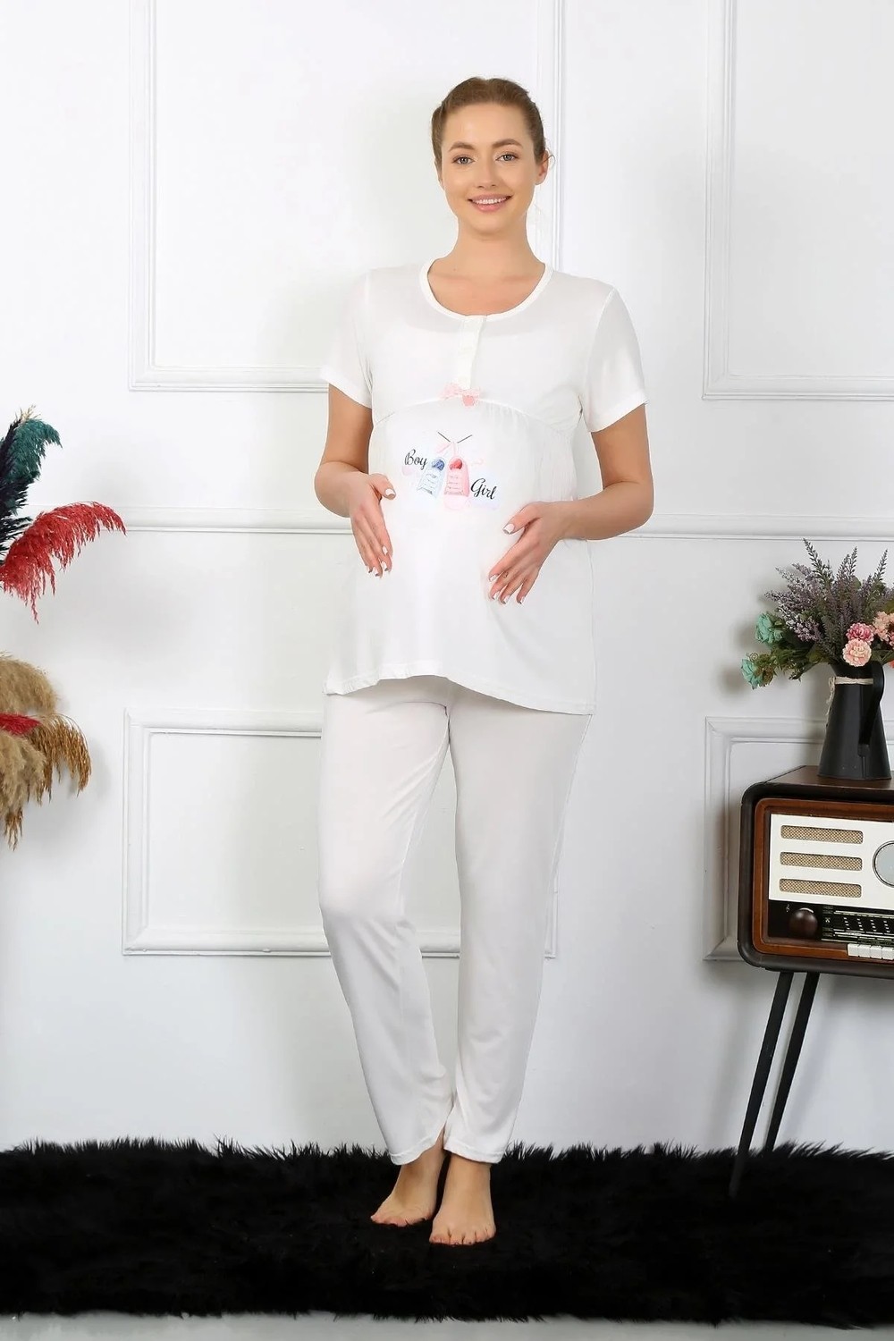 Pileli Store Kadın Kısa Kol Hamile Lohusa Pijama Takımı Ekru