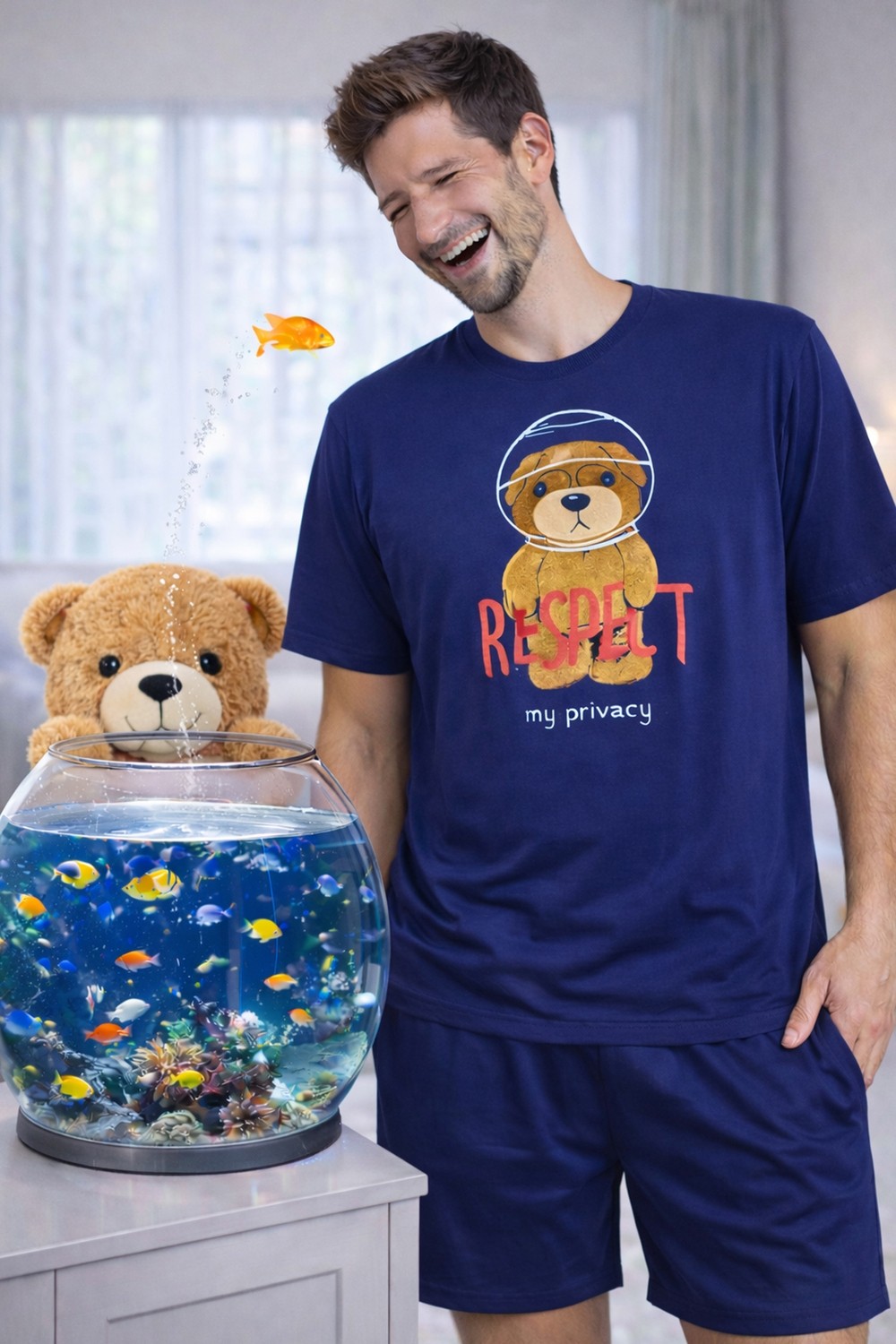Koza İç Giyim Erkek Pamuklu Lacivert Baskılı Cepli Pijama Takımı