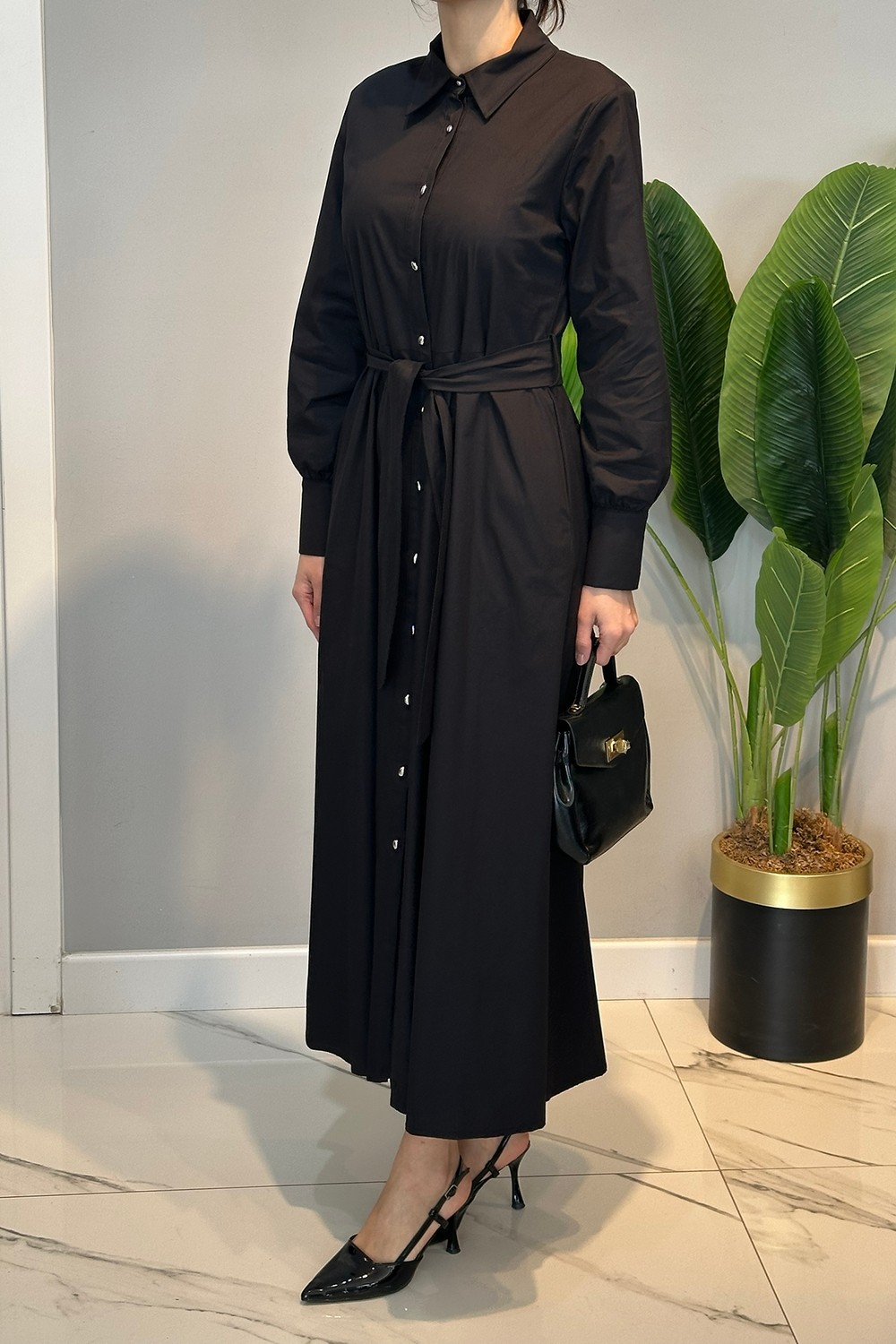 Lale Butik Düğme Detay Poplin Elbise 13233 Siyah görsel 3