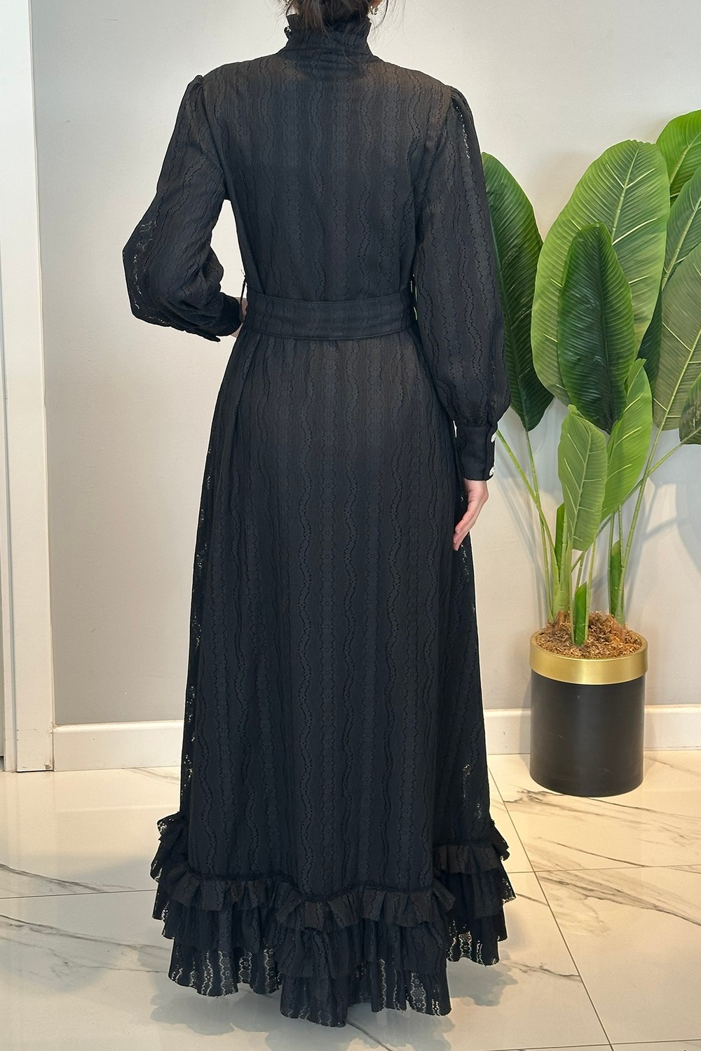 Lale Butik Eteği Fırfır Detay Elbise 13261 Siyah görsel 4