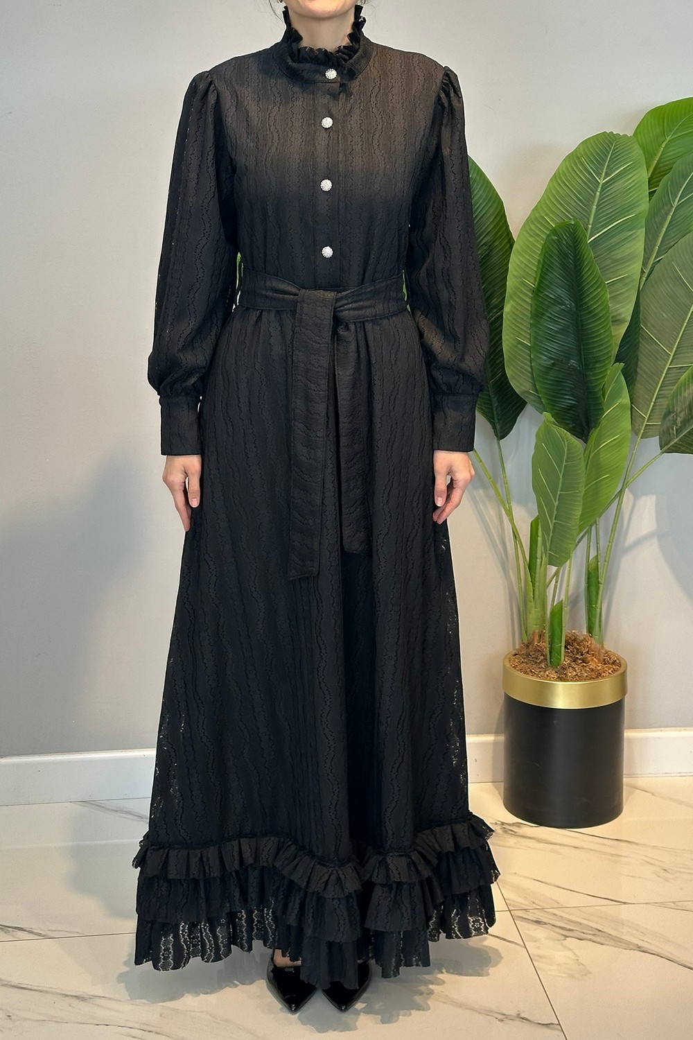Lale Butik Eteği Fırfır Detay Elbise 13261 Siyah görsel 5
