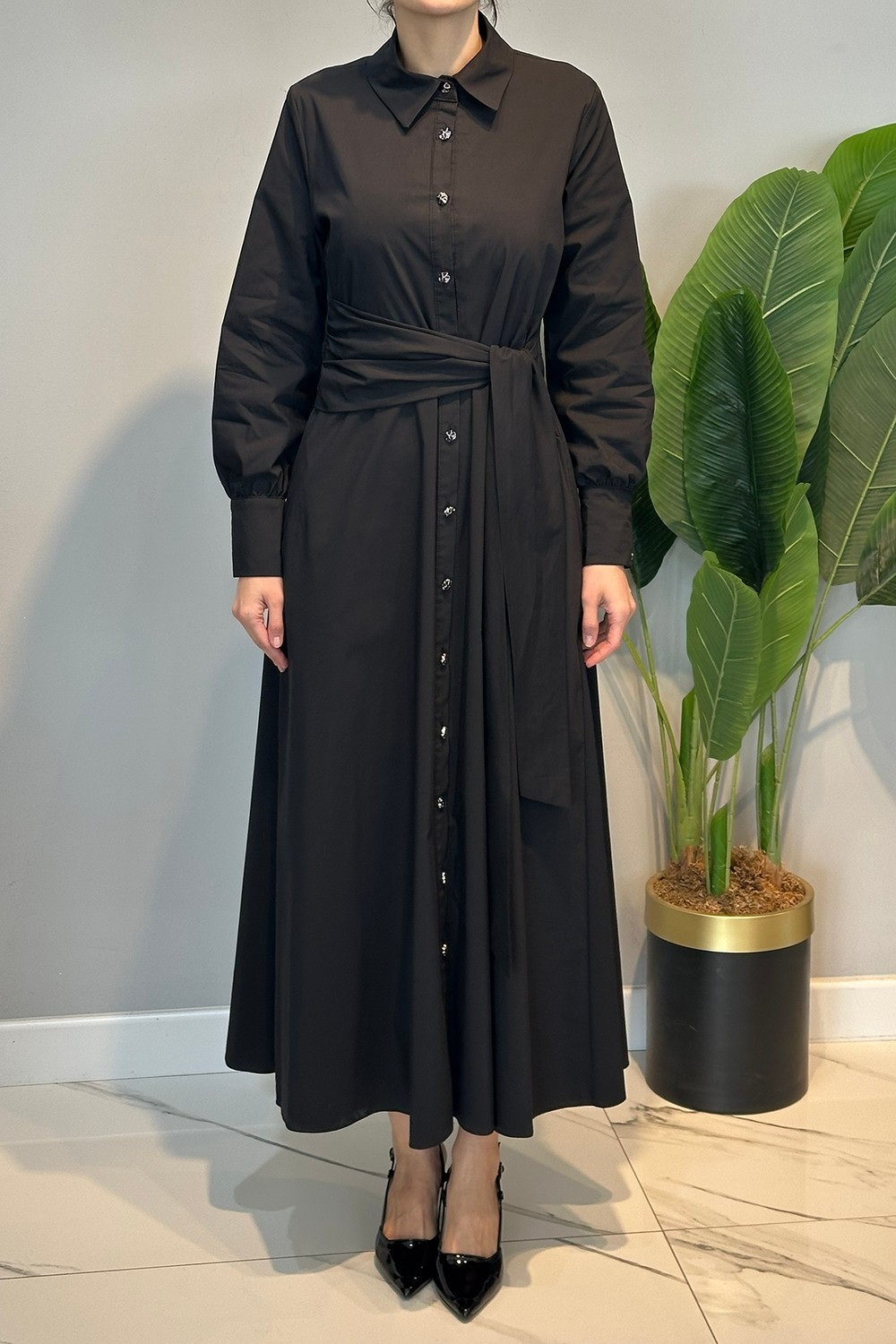 Lale Butik Bağlama Detay Poplin Elbise 13254 Siyah görsel 2
